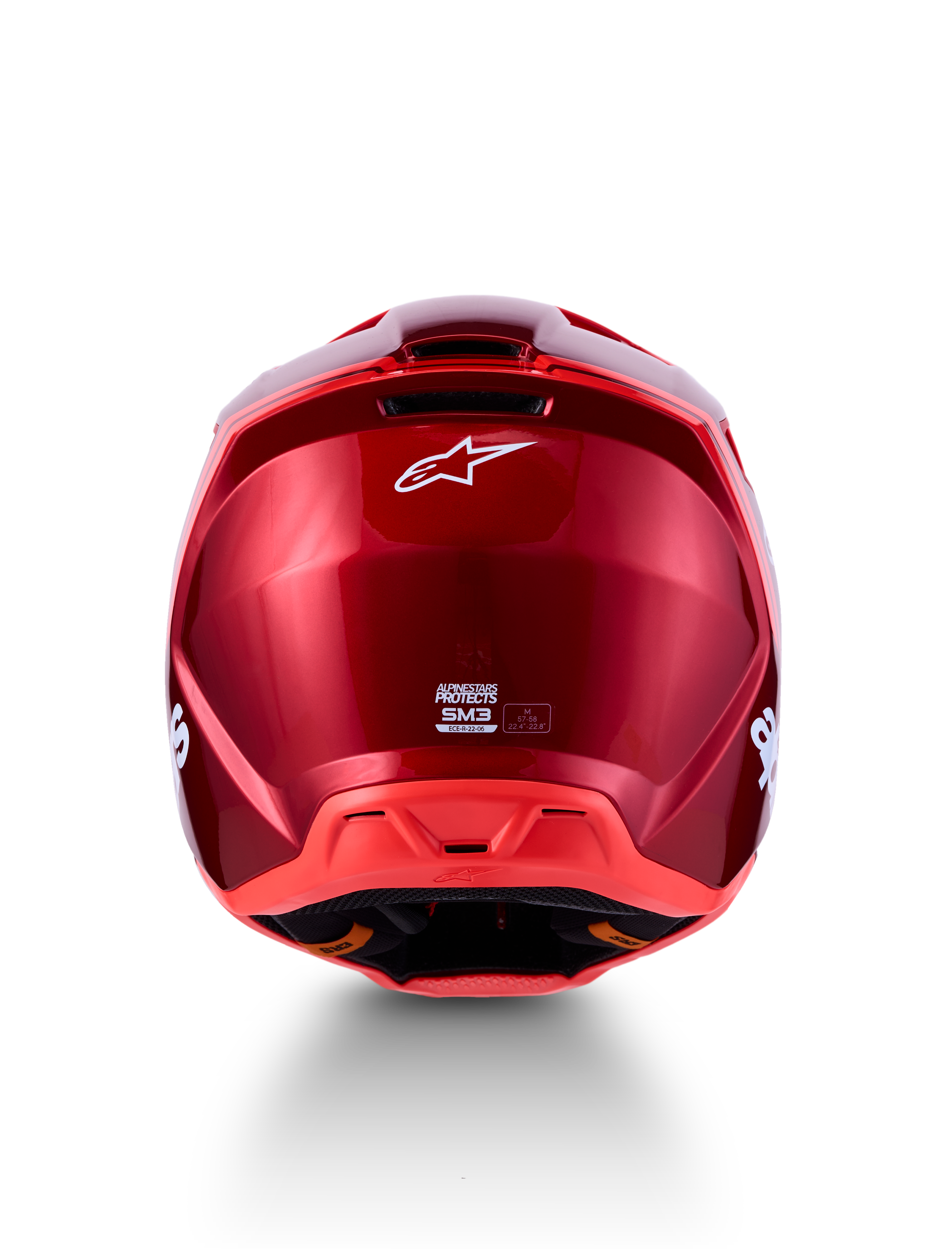 Alpinestars SM3 Radium Helmet ECE06, rear view in glossy red and fluo red, motocross gear with ECE 22.06 certification.