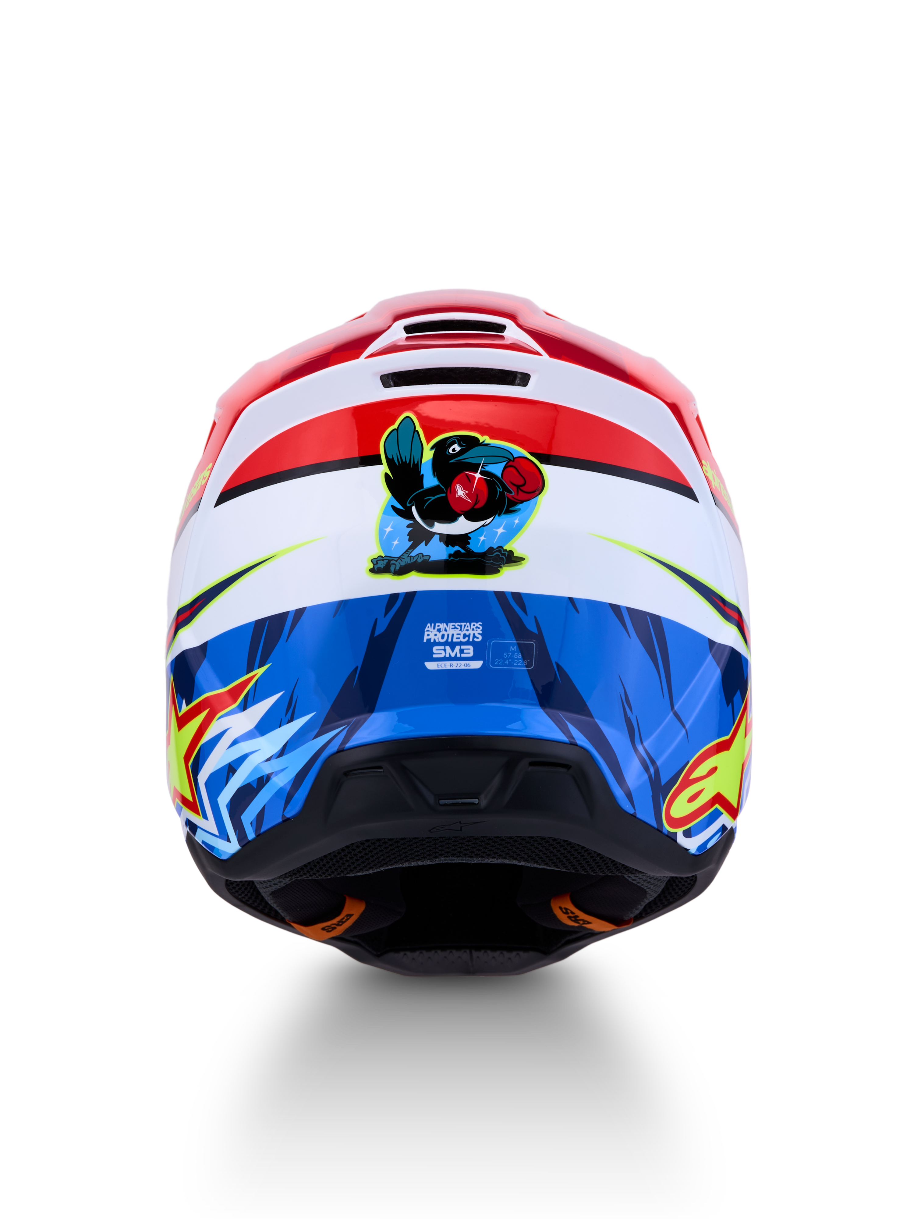 Alpinestars SM3 Falcon Helmet ECE06, Red and Blue Motocross Helmet featuring a cartoon falcon graphic on the rear.