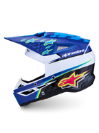 Alpinestars SM3 Falcon Helmet ECE06, glossy blue and white motocross helmet with pink and fluo yellow graphics.