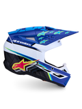 Alpinestars SM3 Falcon helm, professionele motocrosshelm voor off-road, blauw en wit met geel-roze ster-graphics, ECE 22.06-gecertificeerd, geavanceerde ventilatie en lichtgewicht schaalconstructie.