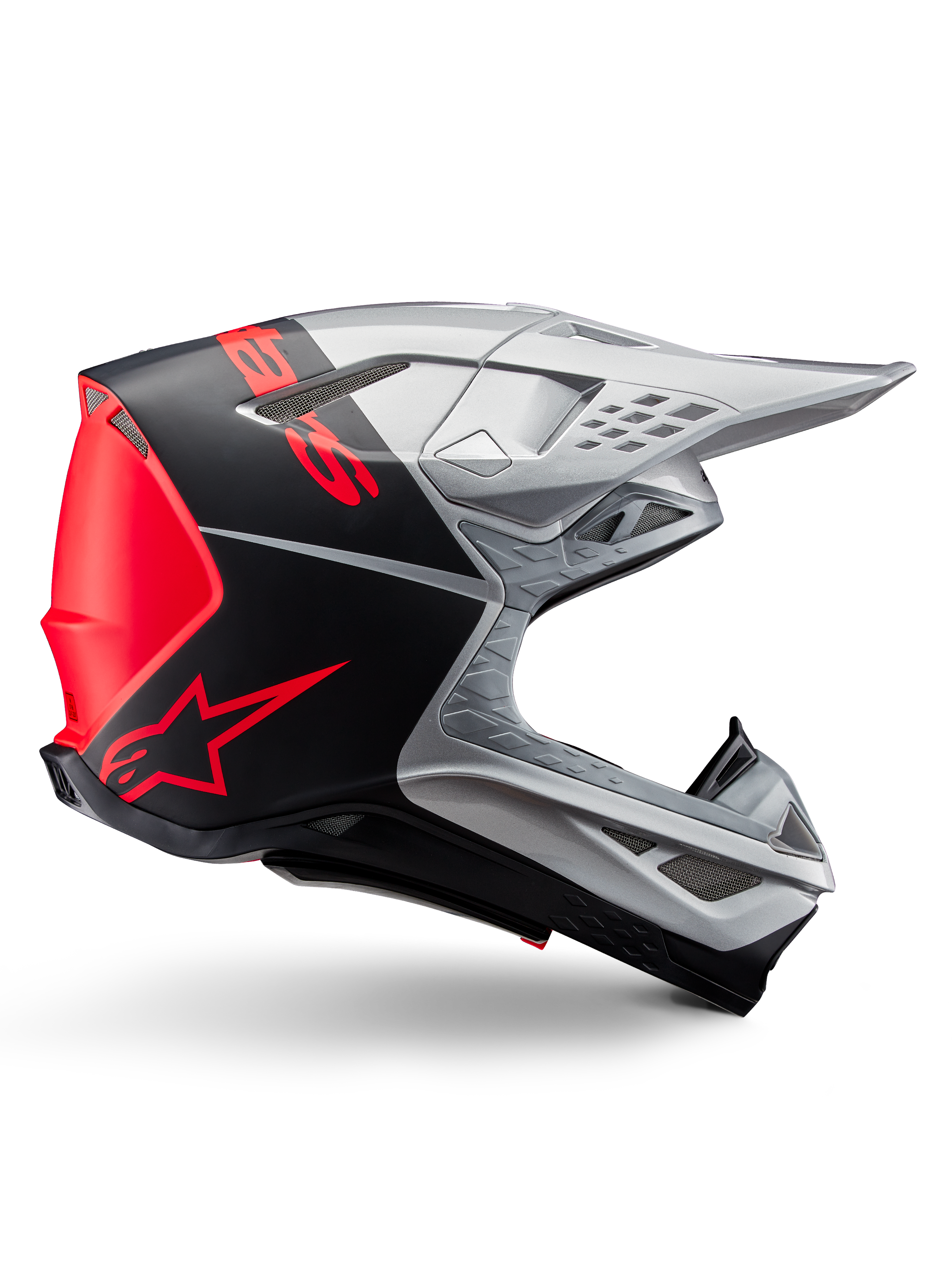 Alpinestars Supertech M10 Flood ECE 22.06 helm, motorcrosshelm, zilver, zwart en oranje fluo, matte en glanzende afwerking, aerodynamisch profiel met multi-composiet schaal, opvallende branding met oranje Alpinestars-logo, high-flow ventilatieopeningen en beschermend vizier