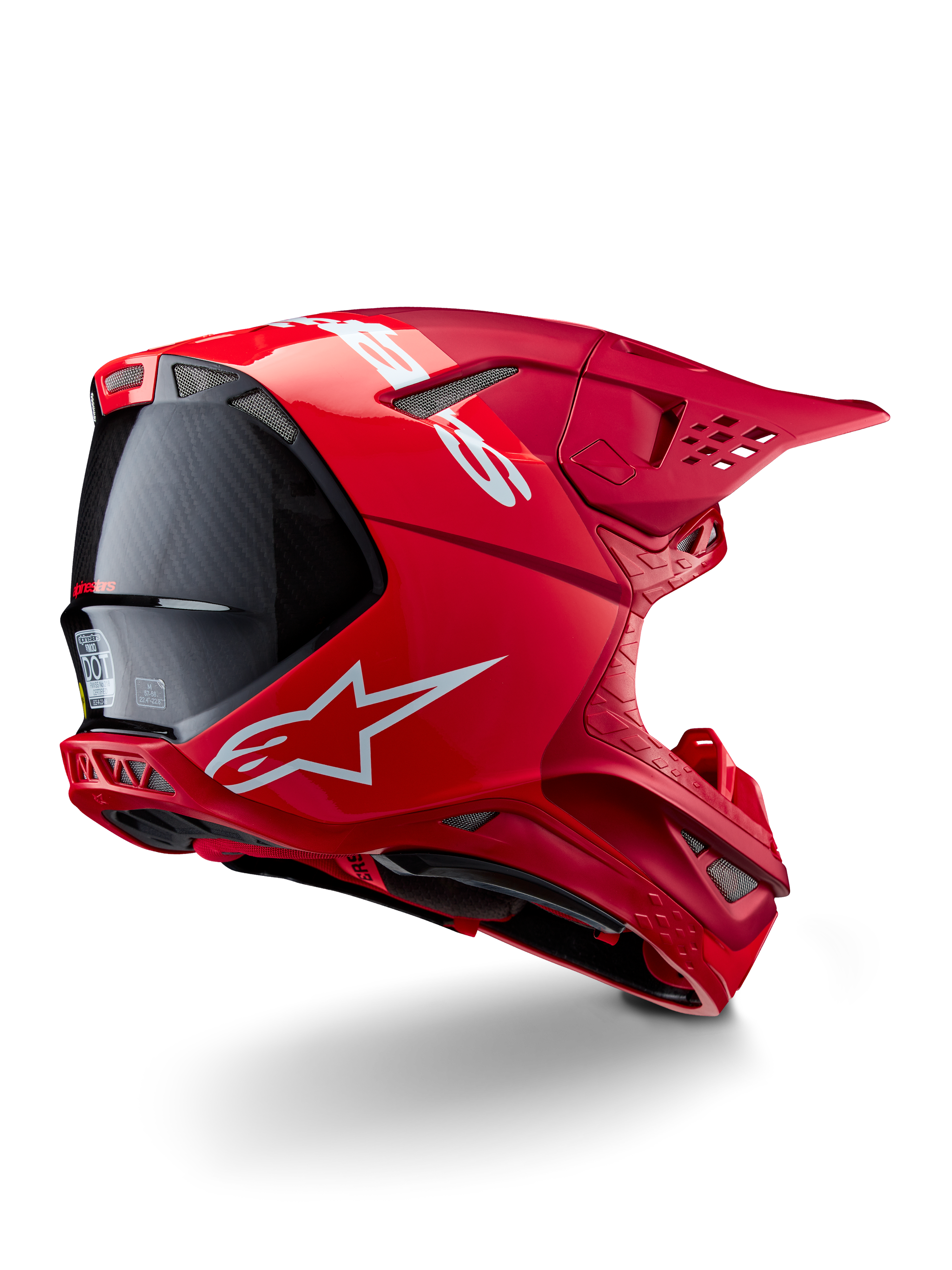 Alpinestars Supertech M10 Flood helm, motorcrosshelm, rood en fluo rood, matte en glanzende afwerking, achterprofielaanzicht met wit Alpinestars-logo en koolstofvezel accenten, aerodynamisch ontwerp met meerdere ventilatieopeningen, hoogwaardige off-road hoofdbescherming