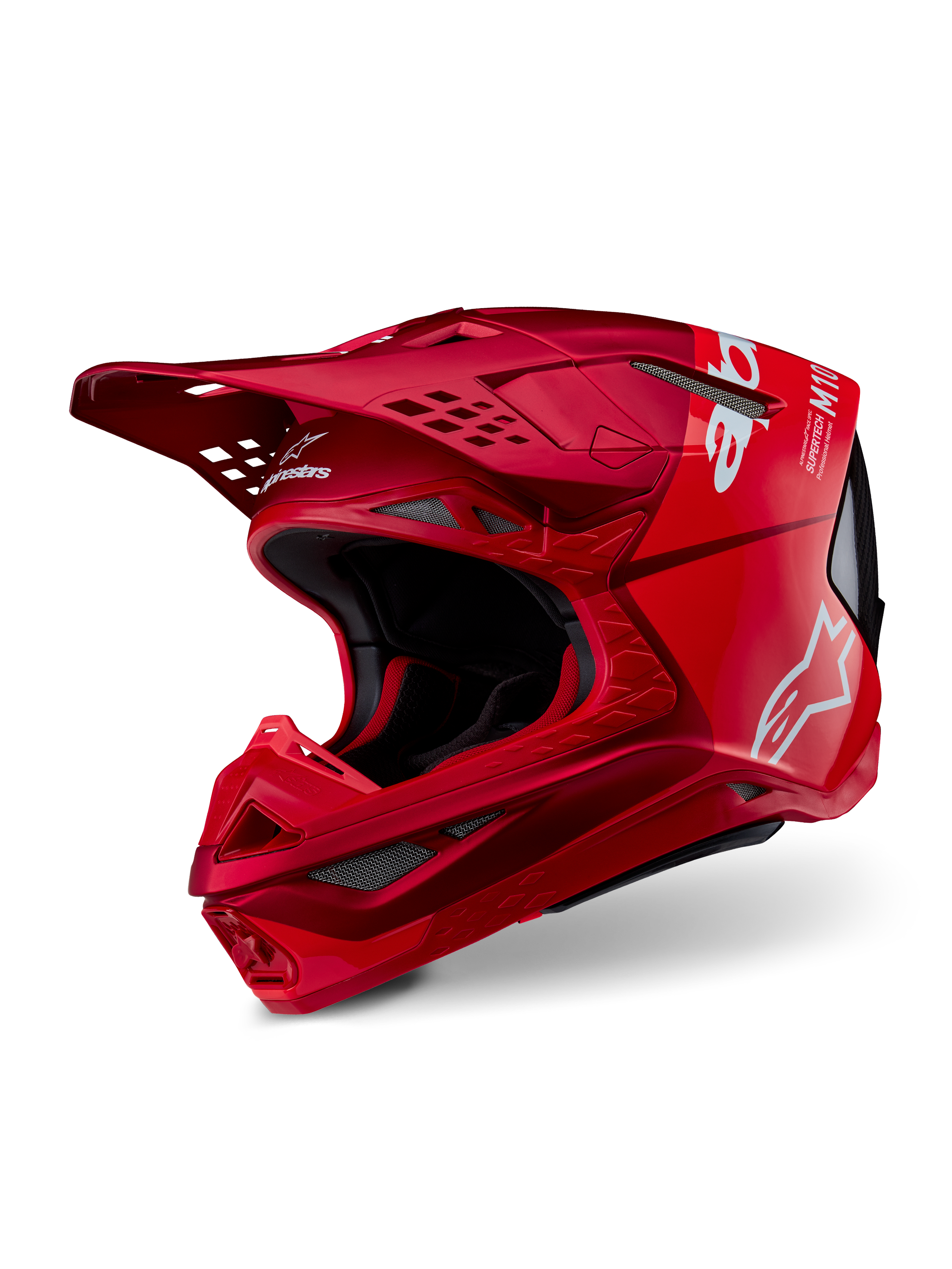 Alpinestars Supertech M10 Flood helm, motocrosshelm, rood en fluo rood mat en glanzend, voorzien van witte Alpinestars-logo's, aerodynamisch profiel met meerdere ventilatieopeningen, lichtgewicht carbon composiet schaal voor off-road racing
