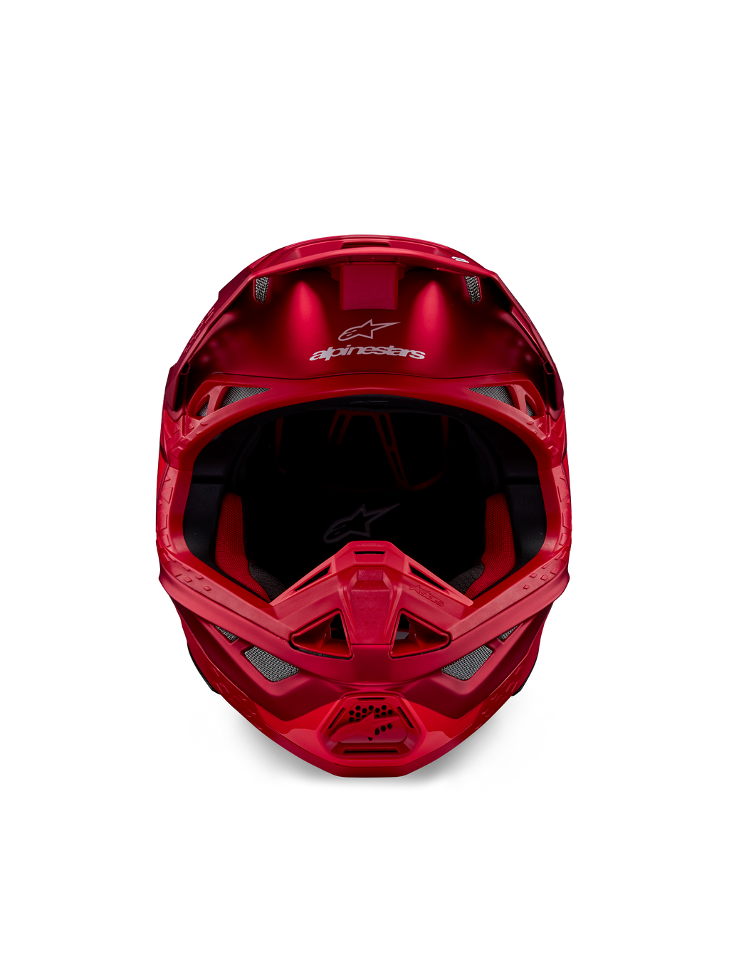 Alpinestars Supertech M10 Flood helm, motorcrosshelm, rood fluo en rood mat/glanzend, vooraanzicht met aerodynamisch profiel en meerdere ventilatieopeningen, Alpinestars-logo op het voorhoofd en rode binnenvoering, professionele off-road race-uitrusting