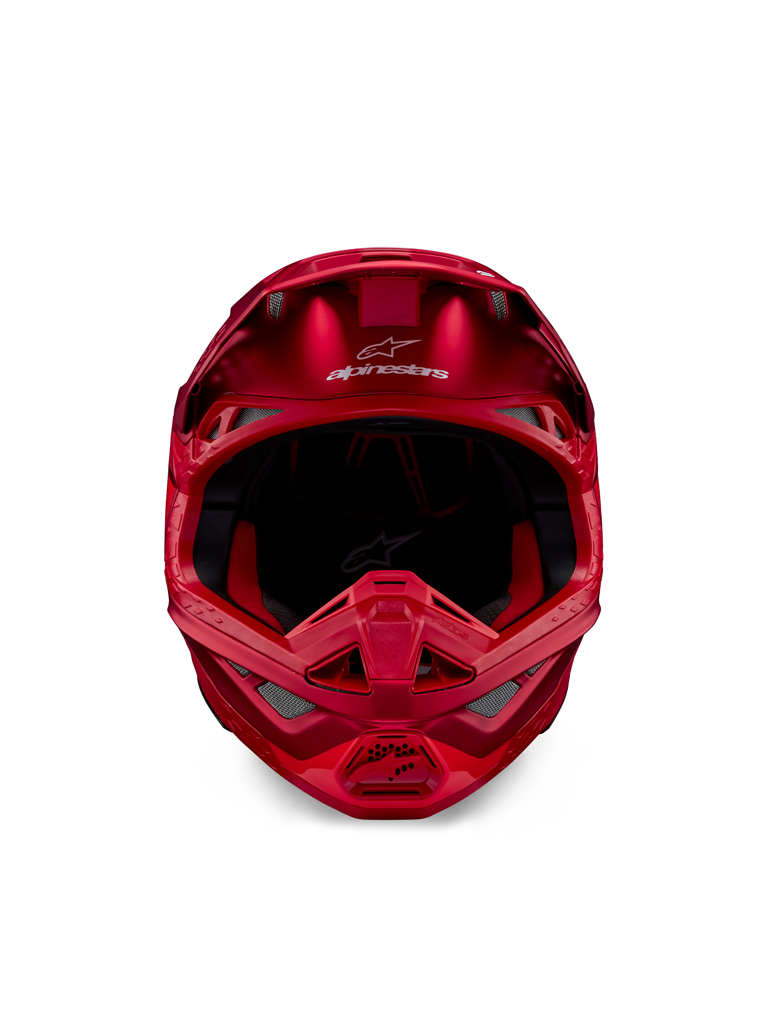 Alpinestars Supertech M10 Flood helm, motorcrosshelm, rood fluo en rood mat/glanzend, vooraanzicht met aerodynamisch profiel en meerdere ventilatieopeningen, Alpinestars-logo op het voorhoofd en rode binnenvoering, professionele off-road race-uitrusting