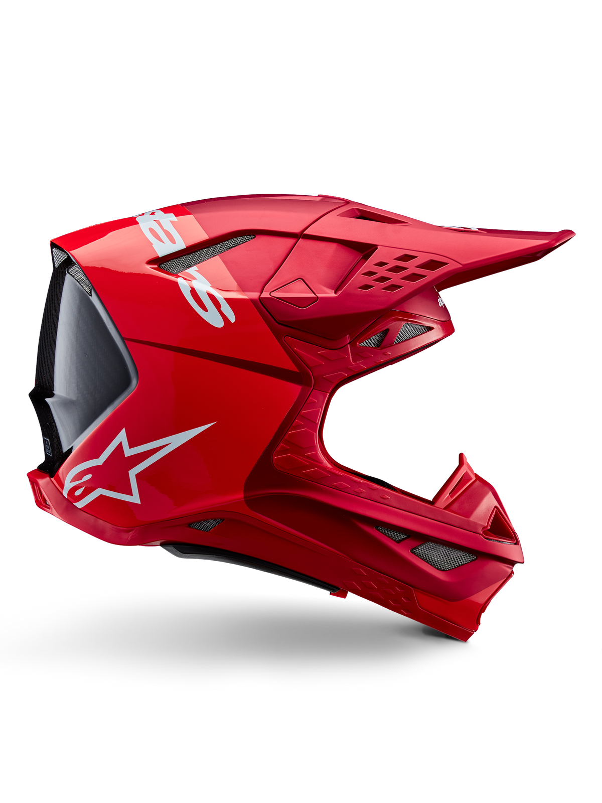 Alpinestars Supertech M10 Flood helm, motorcrosshelm, Red Fluo rood mat en glanzend, zijaanzicht met witte branding, meerdere ventilatieopeningen met gaas en aerodynamisch off-road raceontwerp