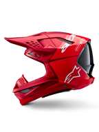 Alpinestars Supertech M10 Flood ECE 22.06 Helm, motocrosshelm, rood en fluo rood met matte en glanzende afwerking, zijaanzicht met aerodynamisch schaalontwerp, meerdere ventilatieopeningen en witte Alpinestars-branding.