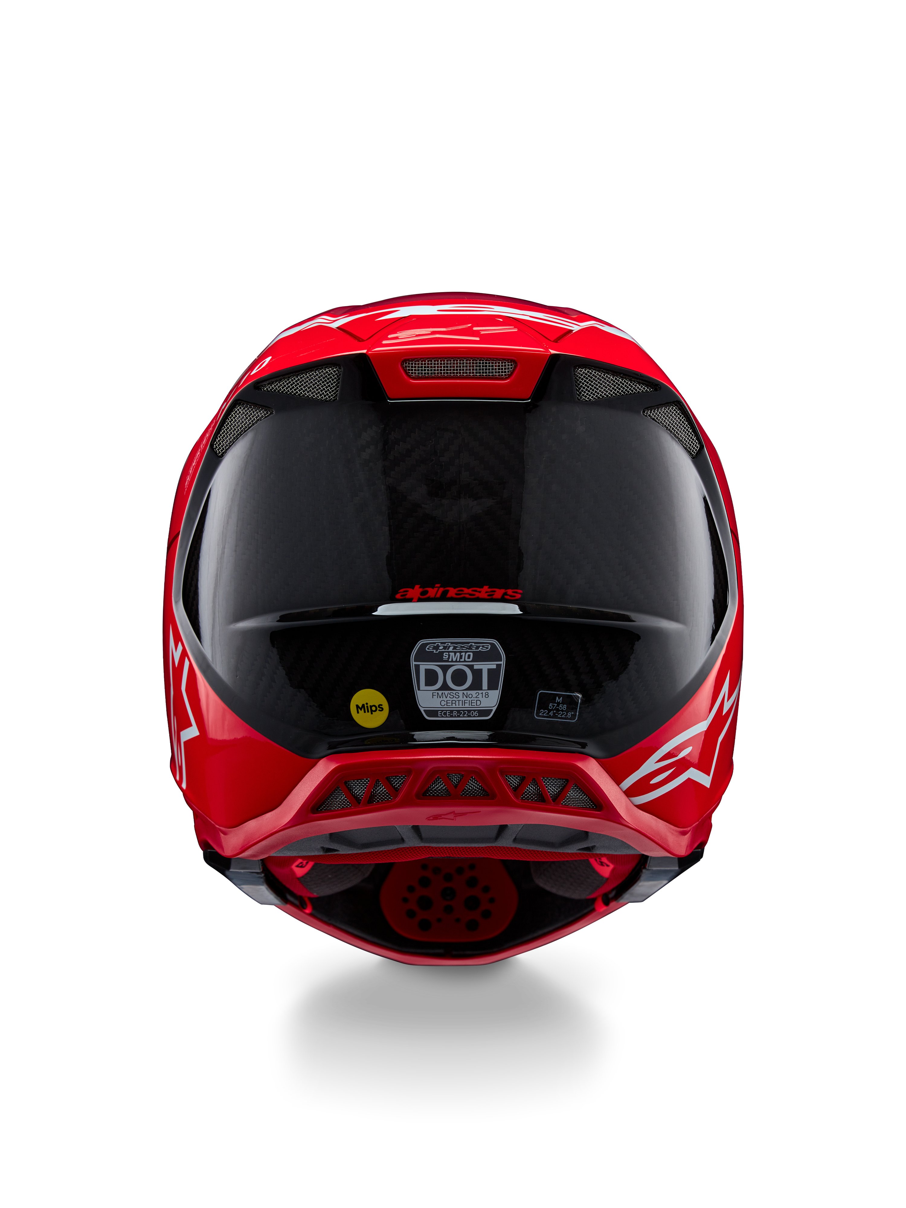 Alpinestars Supertech M10 Flood ECE 22.06 Helm, achteraanzicht, fluo rood mat en glanzend, motorcrosshelm met zichtbare koolstofvezeltextuur, MIPS- en DOT-certificeringsstickers en aerodynamische ventilatieopeningen