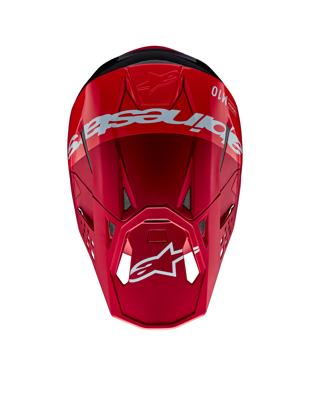 Alpinestars Supertech M10 Flood-helm, motorcrosshelm, rood en fluo rood met matte en glanzende afwerking, bovenaanzicht met opvallende Alpinestars branding en logo, geavanceerde aerodynamische schaal met geïntegreerde ventilatieopeningen voor off-road racen