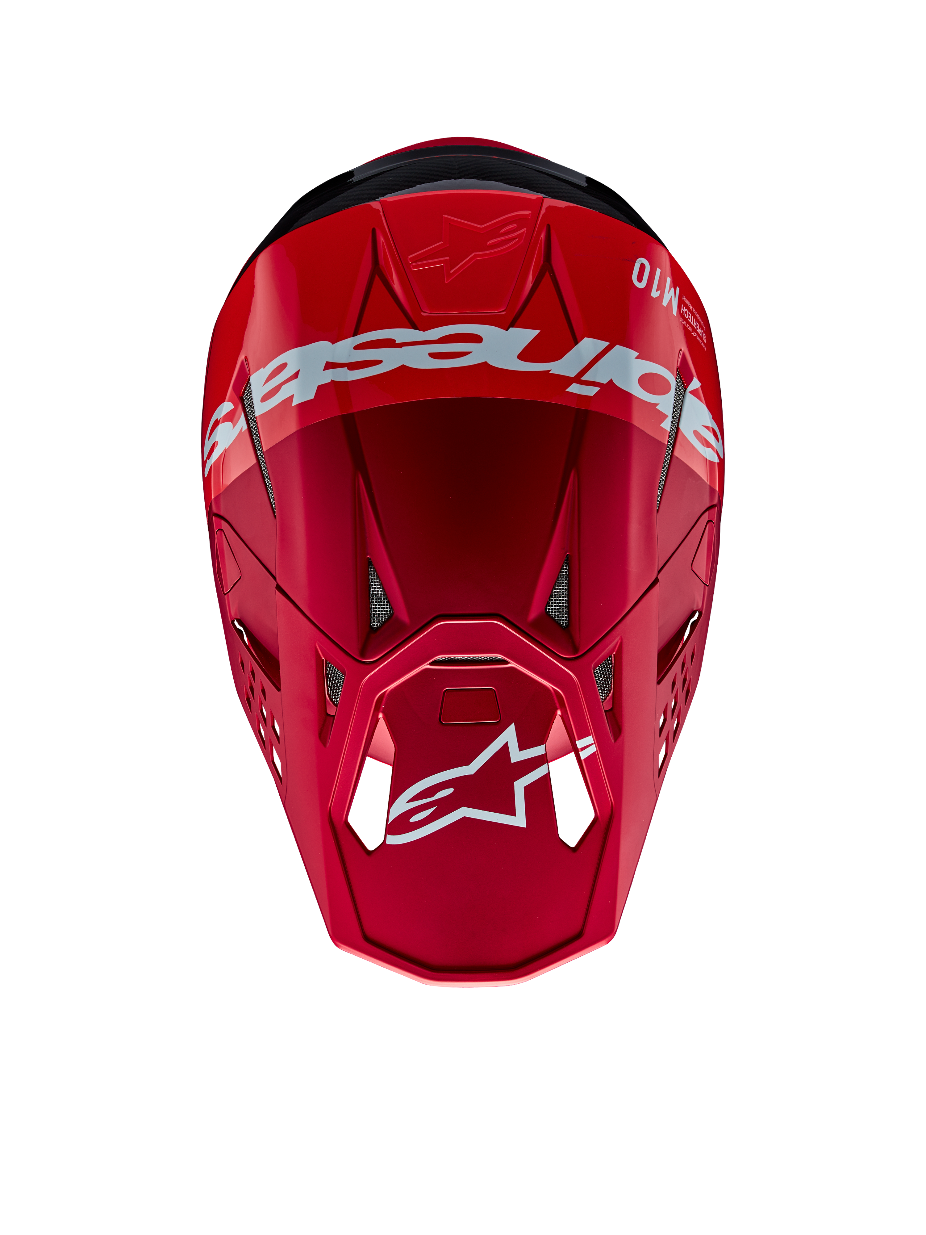 Alpinestars Supertech M10 Flood-helm, motorcrosshelm, rood en fluo rood met matte en glanzende afwerking, bovenaanzicht met opvallende Alpinestars branding en logo, geavanceerde aerodynamische schaal met geïntegreerde ventilatieopeningen voor off-road racen