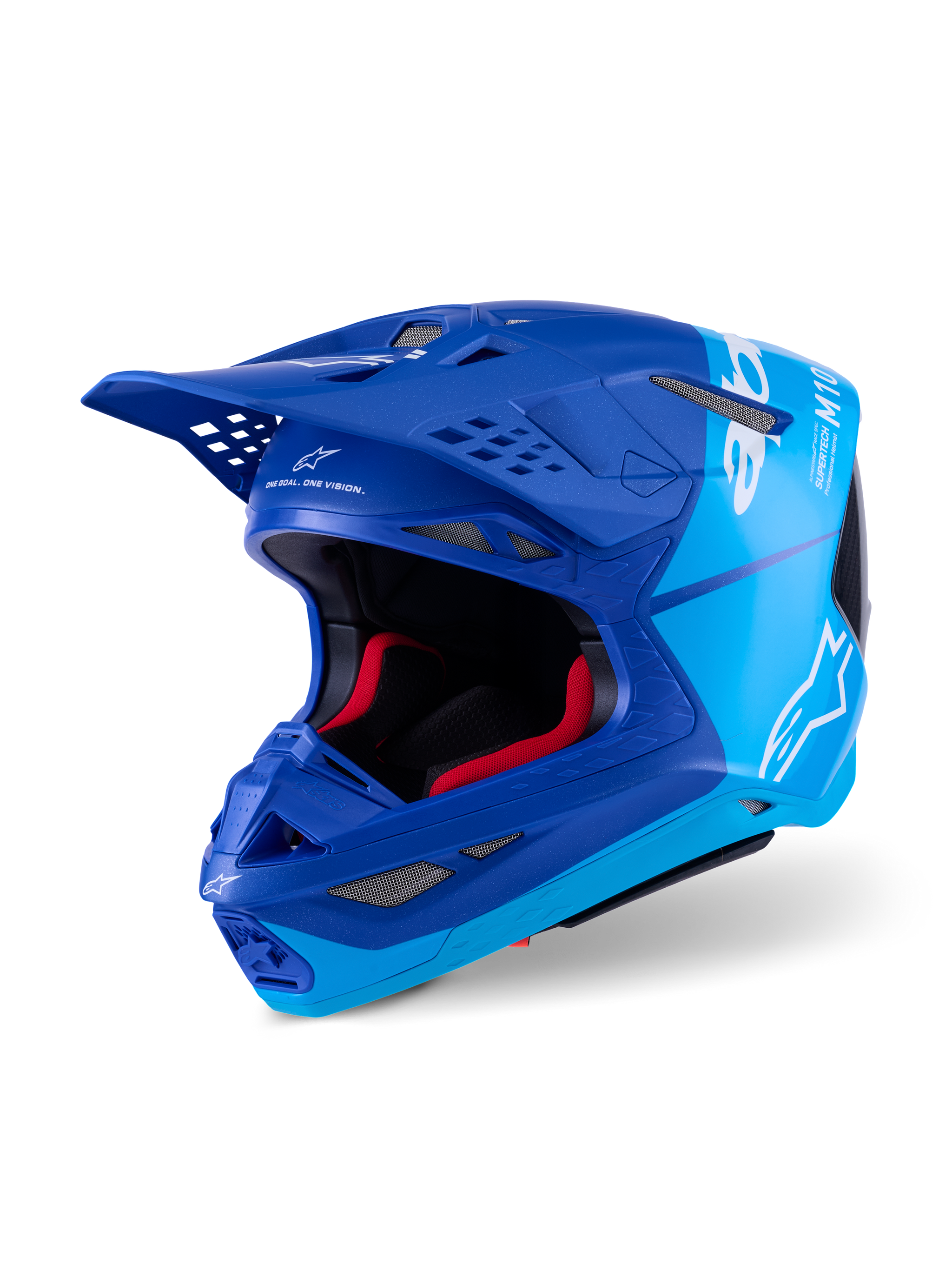 Alpinestars Supertech M10 Flood helm, motorcrosshelm, metallic blauw en medium blauw met zwarte carbon details, voorzien van witte logo's en M10-branding, meerdere ventilatieopeningen en rode binnenvoering, ontworpen voor professionele off-road prestaties.