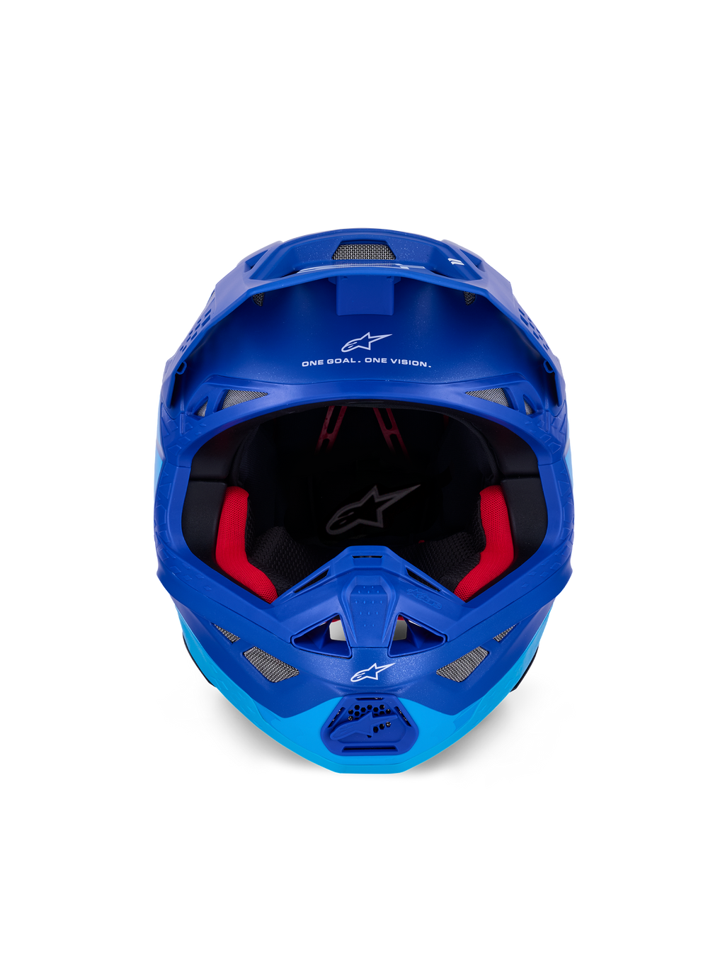 Alpinestars Supertech M10 Flood Helmet ECE, Motocross Helmet, Metallic and Medium Blue with black carbon accents, front-facing view showing chin bar and eye port, white Alpinestars logos and text, red interior padding, professional off-road protection