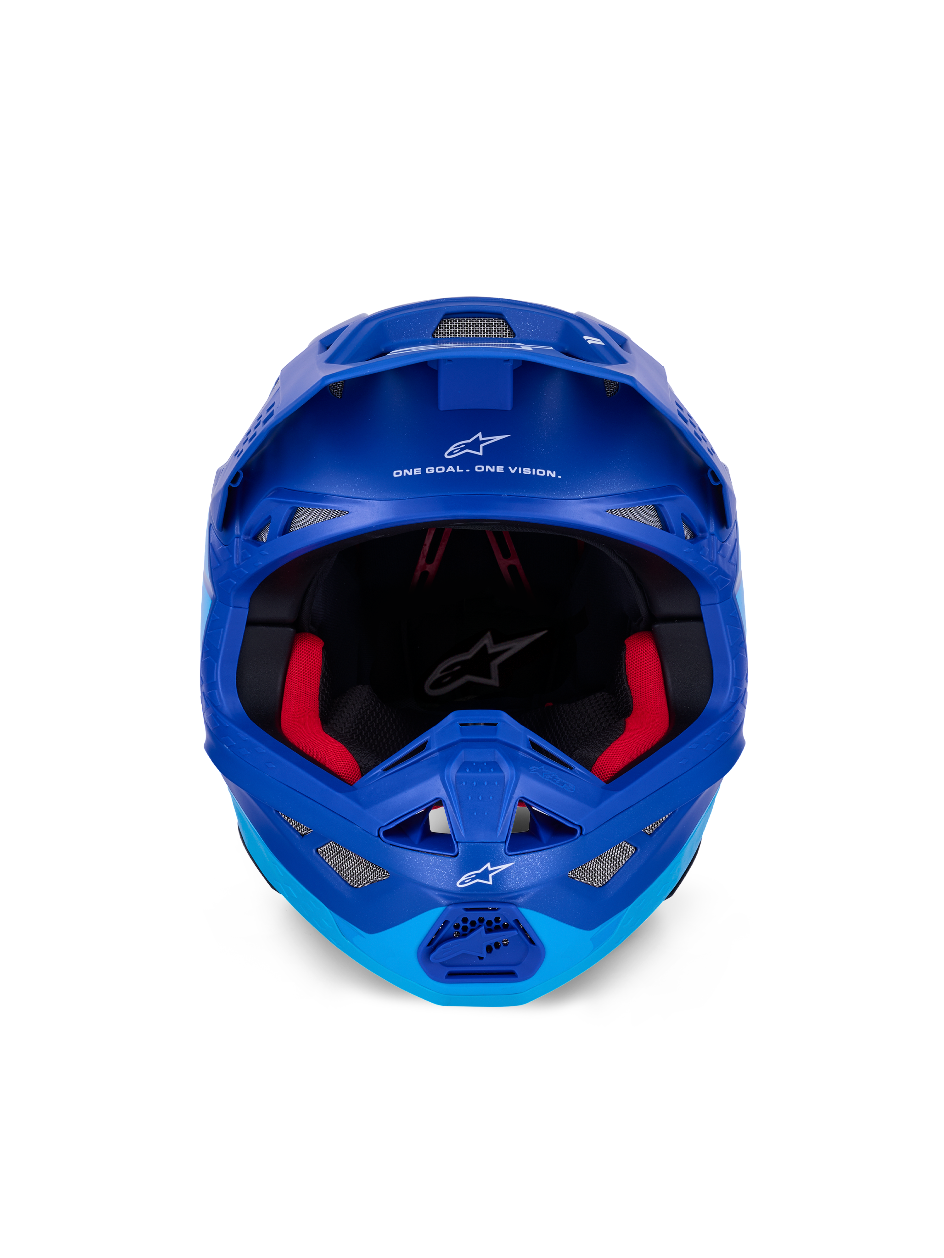 Alpinestars Supertech M10 Flood Helmet ECE, Motocross Helmet, Metallic and Medium Blue with black carbon accents, front-facing view showing chin bar and eye port, white Alpinestars logos and text, red interior padding, professional off-road protection