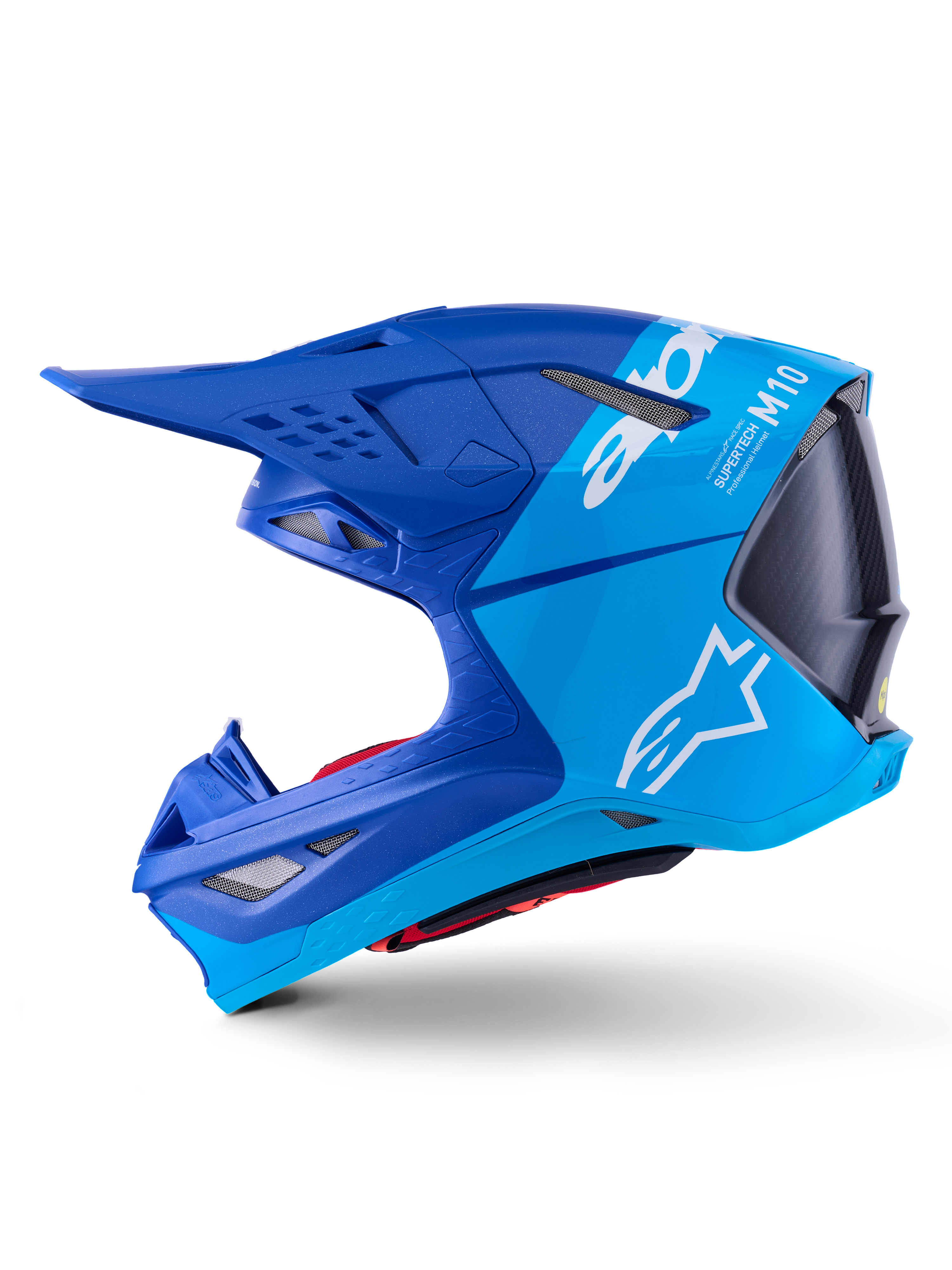 Alpinestars Supertech M10 Flood Helmet, Motocross Helmet, Metallic and Medium Blue with Black Carbon, side profile view showing matte and glossy finishes, white Alpinestars logo and Supertech M10 branding, advanced off-road racing head protection