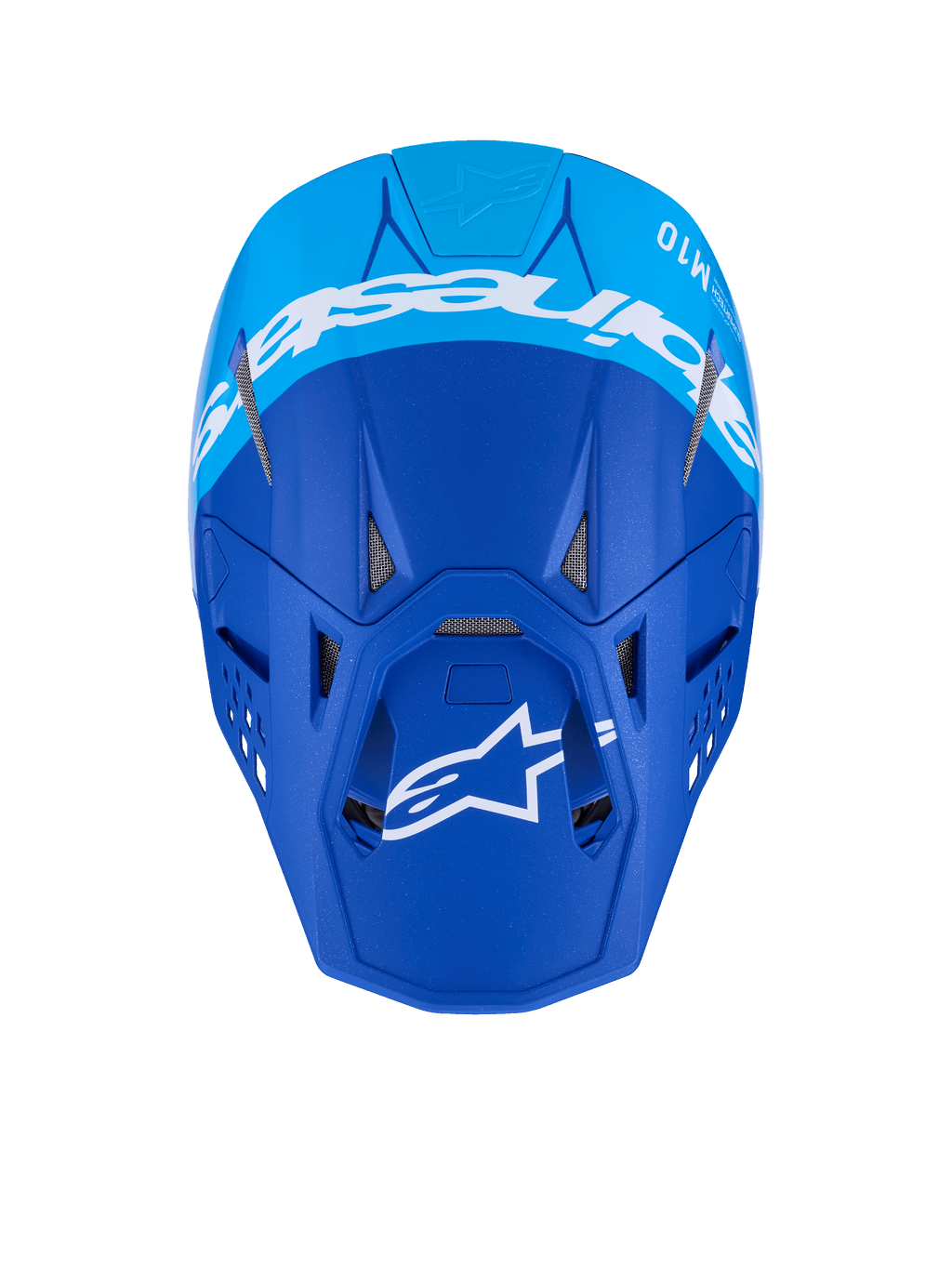 Alpinestars Supertech M10 Flood Helmet, Motocross Helmet, Dark Blue and Light Blue, top-down view featuring white Alpinestars branding and ventilation ports, matte finish professional off-road racing helmet