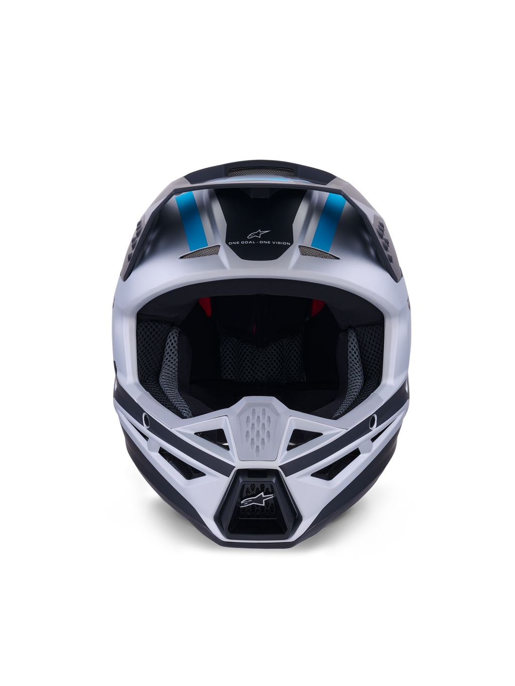 Alpinestars S-M3 Heat Helmet, Motocross Helmet, Silver Blue and Black Matt, front-facing view highlighting the ventilation system, large eye port, and interior mesh padding, featuring the brand slogan 'ONE GOAL ONE VISION' on the forehead.