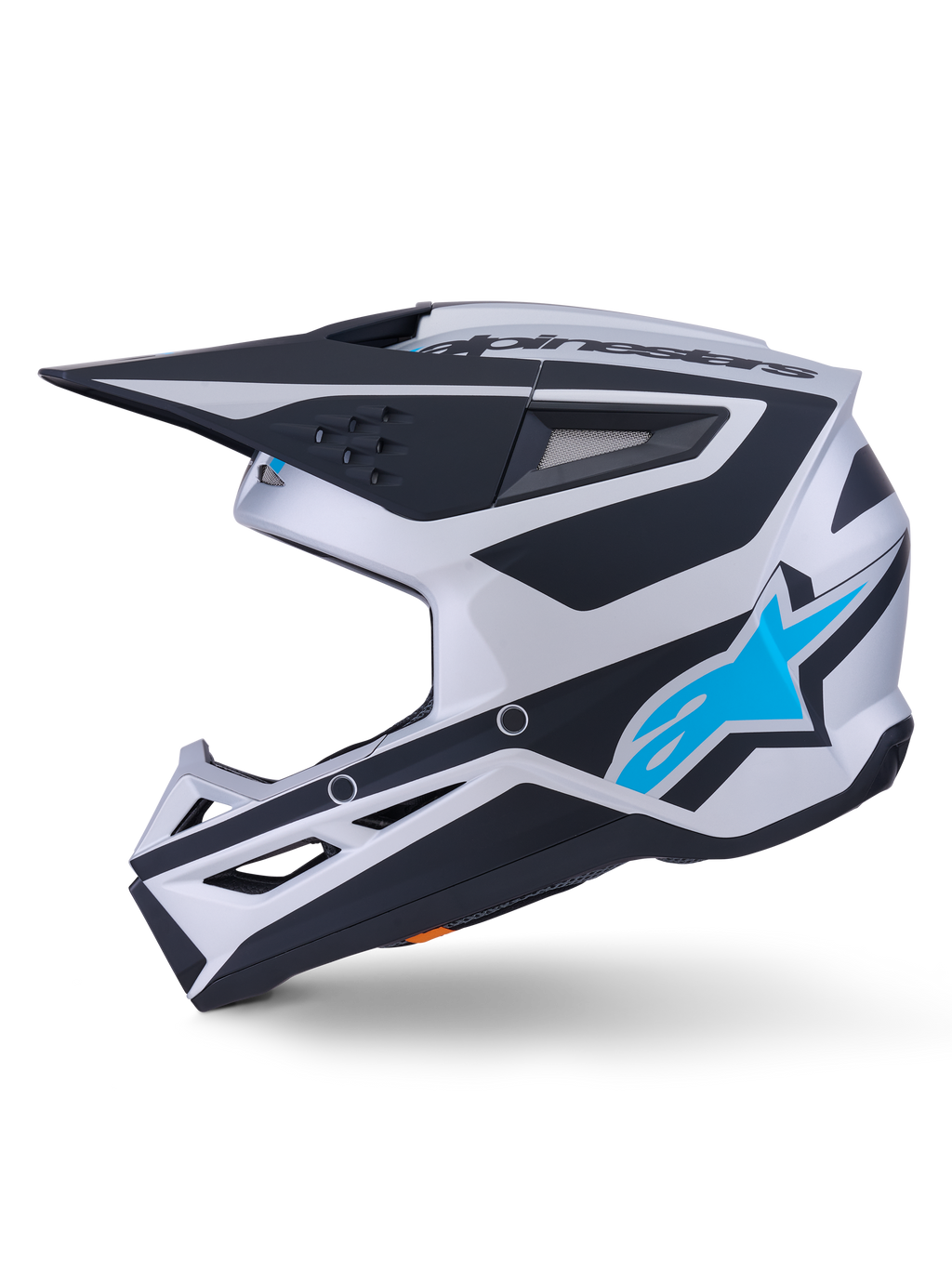 Alpinestars S-M3 Heat Helmet ECE 22.06, Motocross Helmet, Silver Blue and Black Matte finish, side profile view, featuring a bright blue Alpinestars star logo, black visor, and multiple ventilation ports, aggressive aerodynamic design for off-road racing