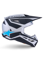 Alpinestars S-M3 Heat Helmet ECE 22.06, Motocross Helmet, Silver Blue and Black Matt, side profile view featuring bold black graphics, bright blue A-star logo, black aerodynamic visor, and multiple ventilation ports for off-road performance