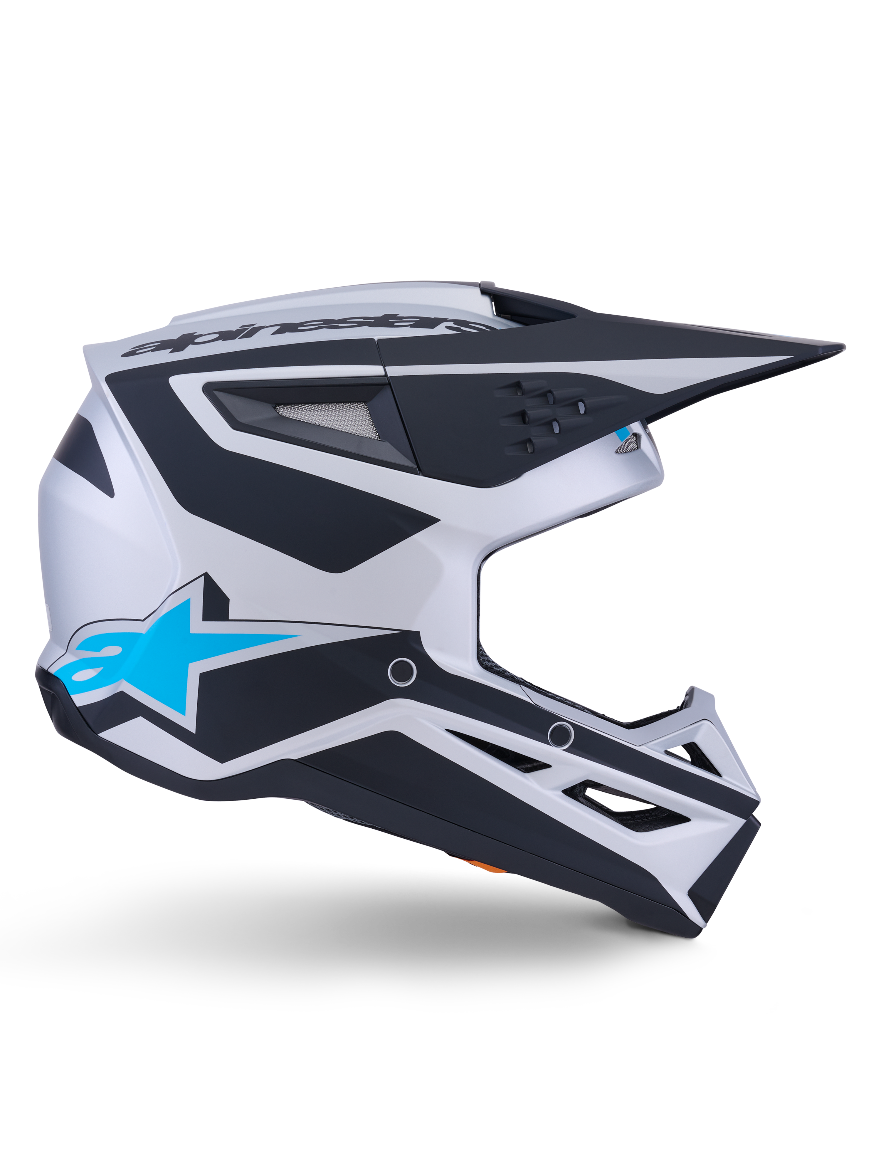 Alpinestars S-M3 Heat Helmet ECE 22.06, Motocross Helmet, Silver Blue and Black Matt, side profile view featuring bold black graphics, bright blue A-star logo, black aerodynamic visor, and multiple ventilation ports for off-road performance