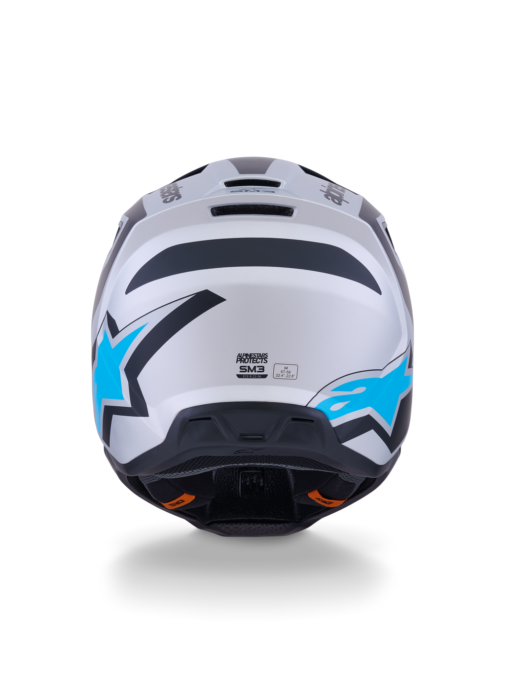 Alpinestars S-M3 Heat Helmet, Motocross Helmet, Silver Blue and Black Matt, rear view showing bright blue star logos, matte finish, and integrated ventilation ports.