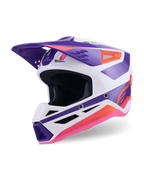 Alpinestars S-M3 Heat Helmet ECE 22.06, Motocross Helmet, White Purple and Pink Glossy, three-quarter front view featuring bold geometric graphics, ventilated chin bar, and aerodynamic peak, off-road racing protection