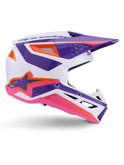 Alpinestars S-M3 Heat Helmet ECE 22.06, Motocross Helmet, White Purple Pink Glossy, featuring vibrant purple and pink graphics with orange accents, side view showing the Astar logo and ventilated design for off-road racing