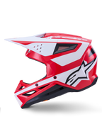 Alpinestars S-M3 Heat Helmet, red and white glossy motocross helmet, ECE certified, side profile view.