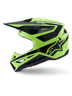 Alpinestars S-M3 Heat Helmet, Motocross Helmet, Yellow Fluo and Black Glossy, side profile view, featuring an angular thermo-injected shell, integrated visor, ventilation ports, and bold Alpinestars branding, designed for off-road performance