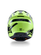 Alpinestars S-M3 Heat Helmet, Motocross Helmet, Yellow Fluo and Black Glossy, rear view featuring bold black graphics and Alpinestars logos, aerodynamic shell with integrated ventilation ports, high-visibility off-road gear