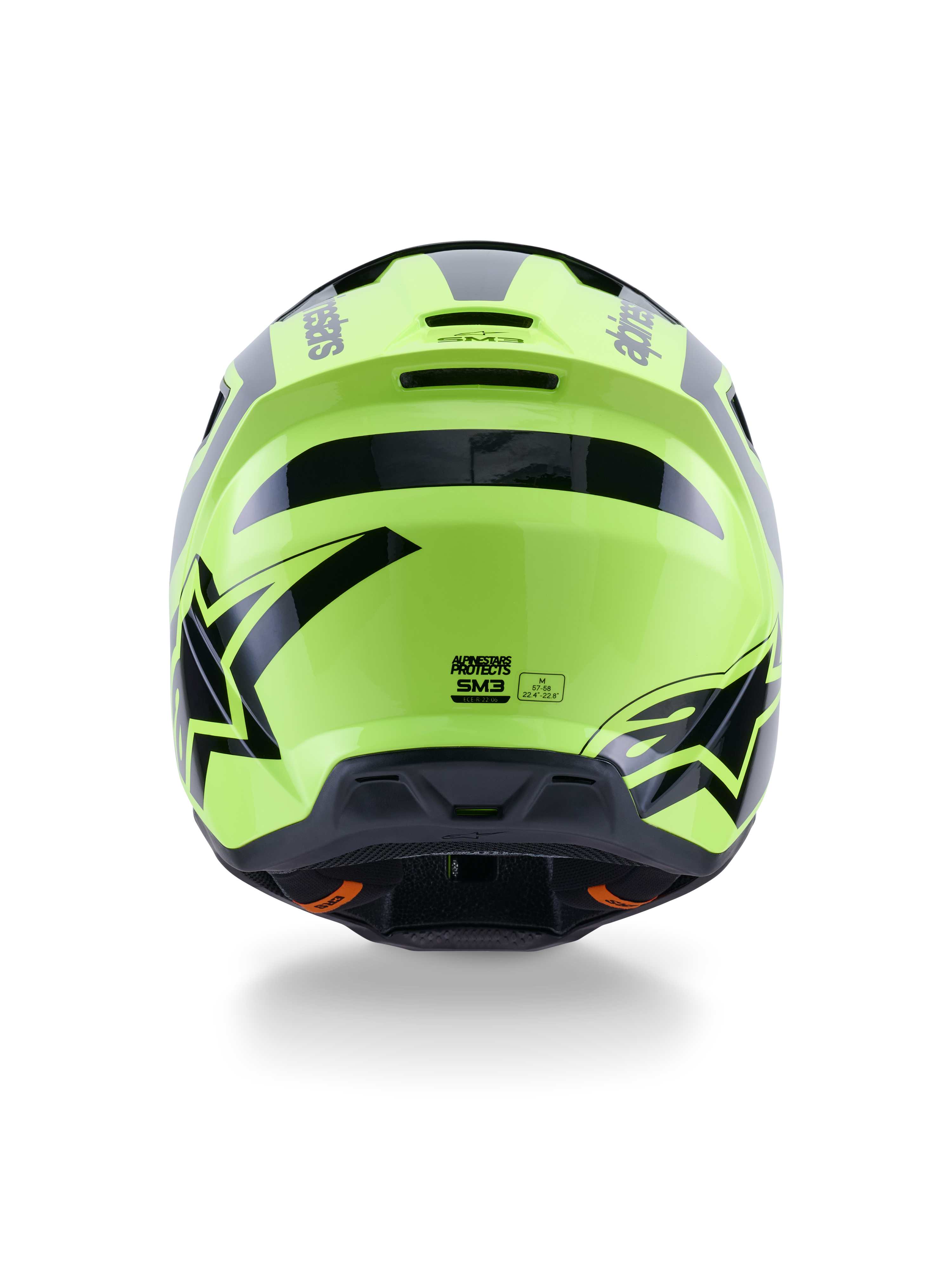 Alpinestars S-M3 Heat Helmet, Motocross Helmet, Yellow Fluo and Black Glossy, rear view featuring bold black graphics and Alpinestars logos, aerodynamic shell with integrated ventilation ports, high-visibility off-road gear