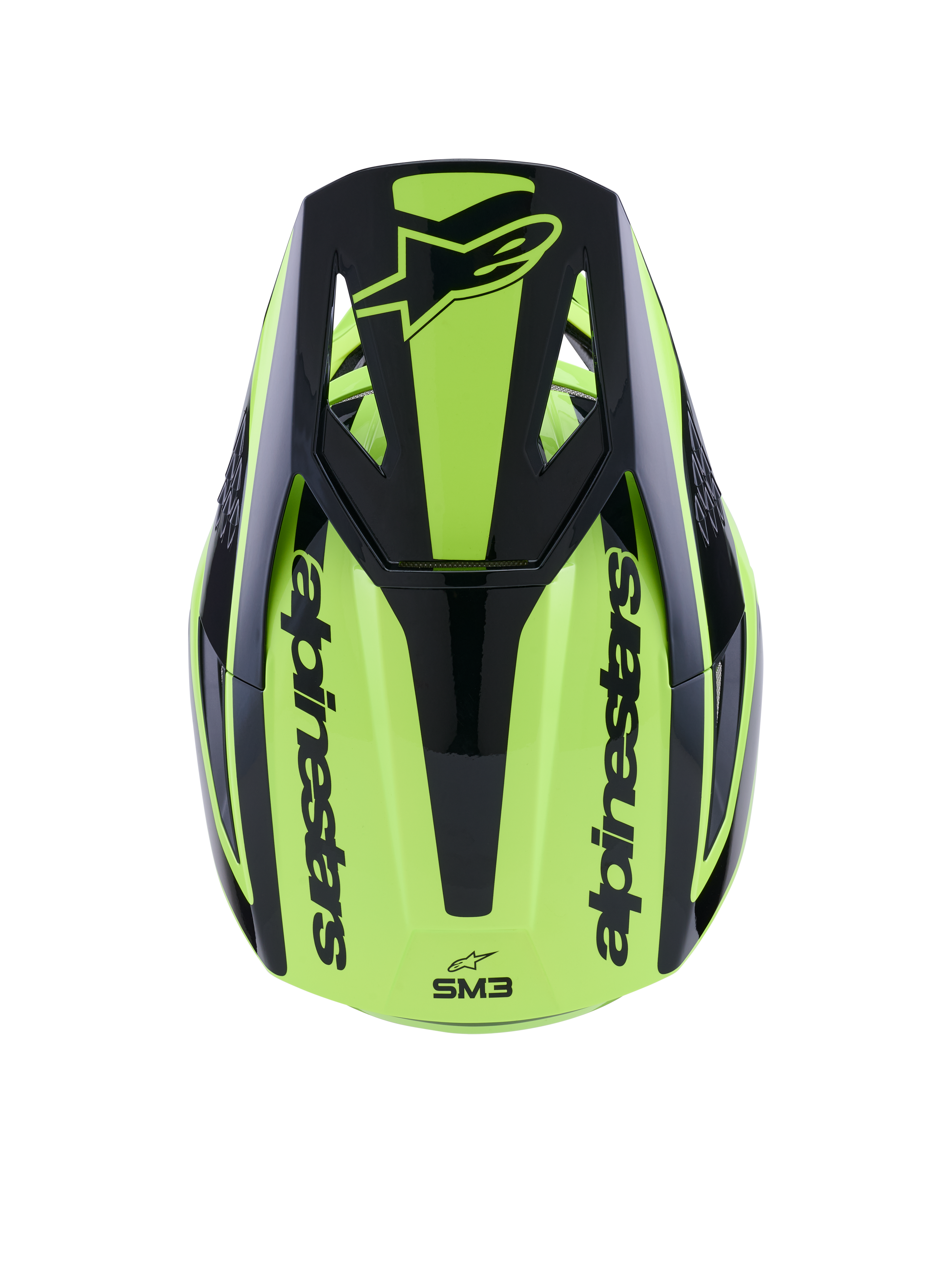 Alpinestars S-M3 Heat Helmet, Motocross Helmet, Yellow Fluo and Black Glossy, top view featuring a black visor with logo and Alpinestars branding on the sides, sleek thermo-injected shell for off-road racing