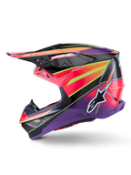 Alpinestars Supertech M10 Era Helmet, Motocross Helmet, Pink Violet and Fluorescent Yellow Glossy, side profile view showing bold geometric graphics and carbon fiber texture, featuring the Alpinestars star logo, integrated ventilation ports, and a sleek aerodynamic design for off-road racing.