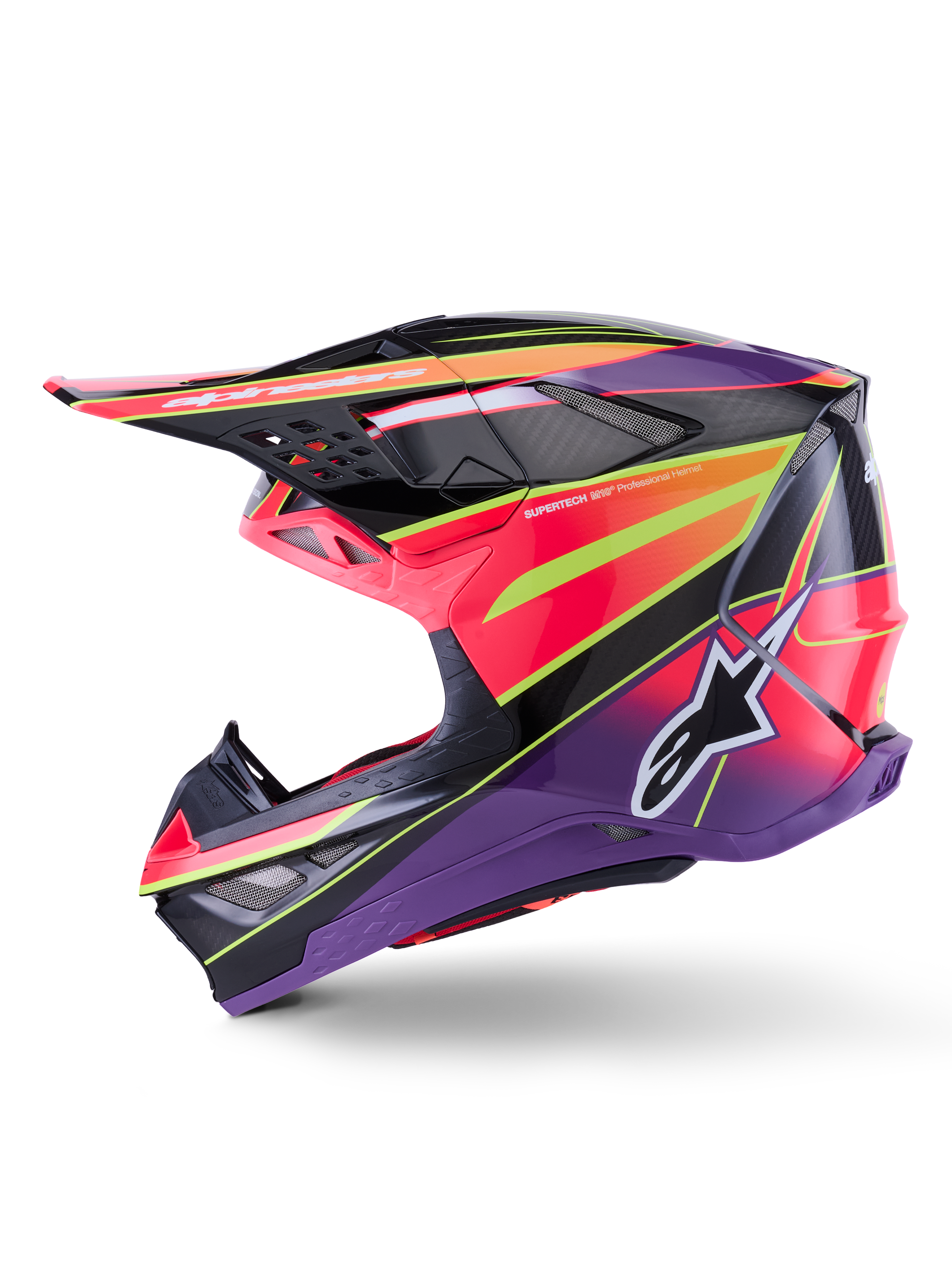 Alpinestars Supertech M10 Era Helmet, Motocross Helmet, Pink Violet and Fluorescent Yellow Glossy, side profile view showing bold geometric graphics and carbon fiber texture, featuring the Alpinestars star logo, integrated ventilation ports, and a sleek aerodynamic design for off-road racing.