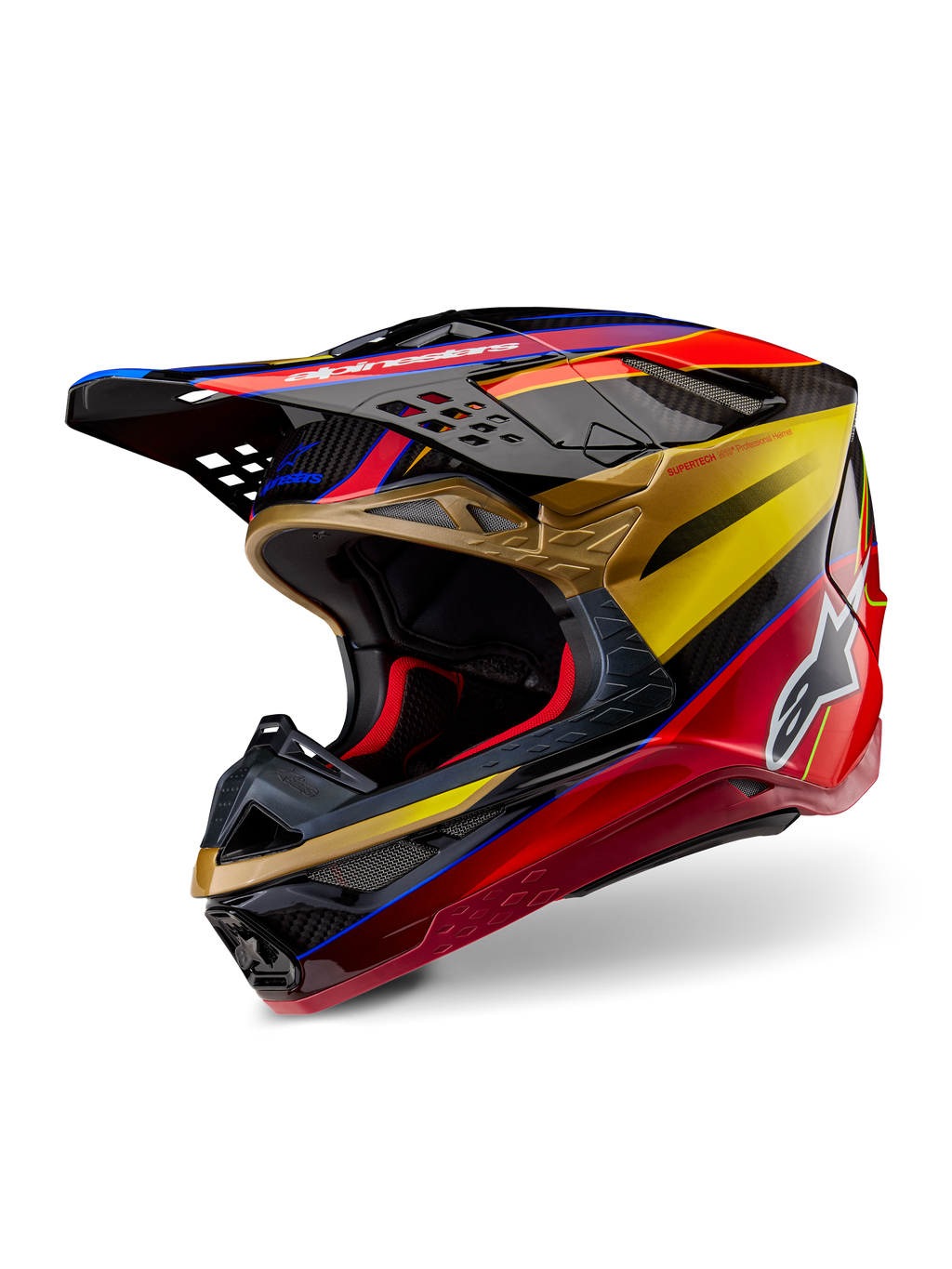 Alpinestars Supertech M10 Era helm, motorcrosshelm, goudgeel en Rio rood glanzend, slanke aerodynamische koolstofvezel schaal met levendige rode en gouden graphics, voorzien van meerdere inlaat- en uitlaatpoorten, wit Alpinestars-logo en een glanzende afwerking