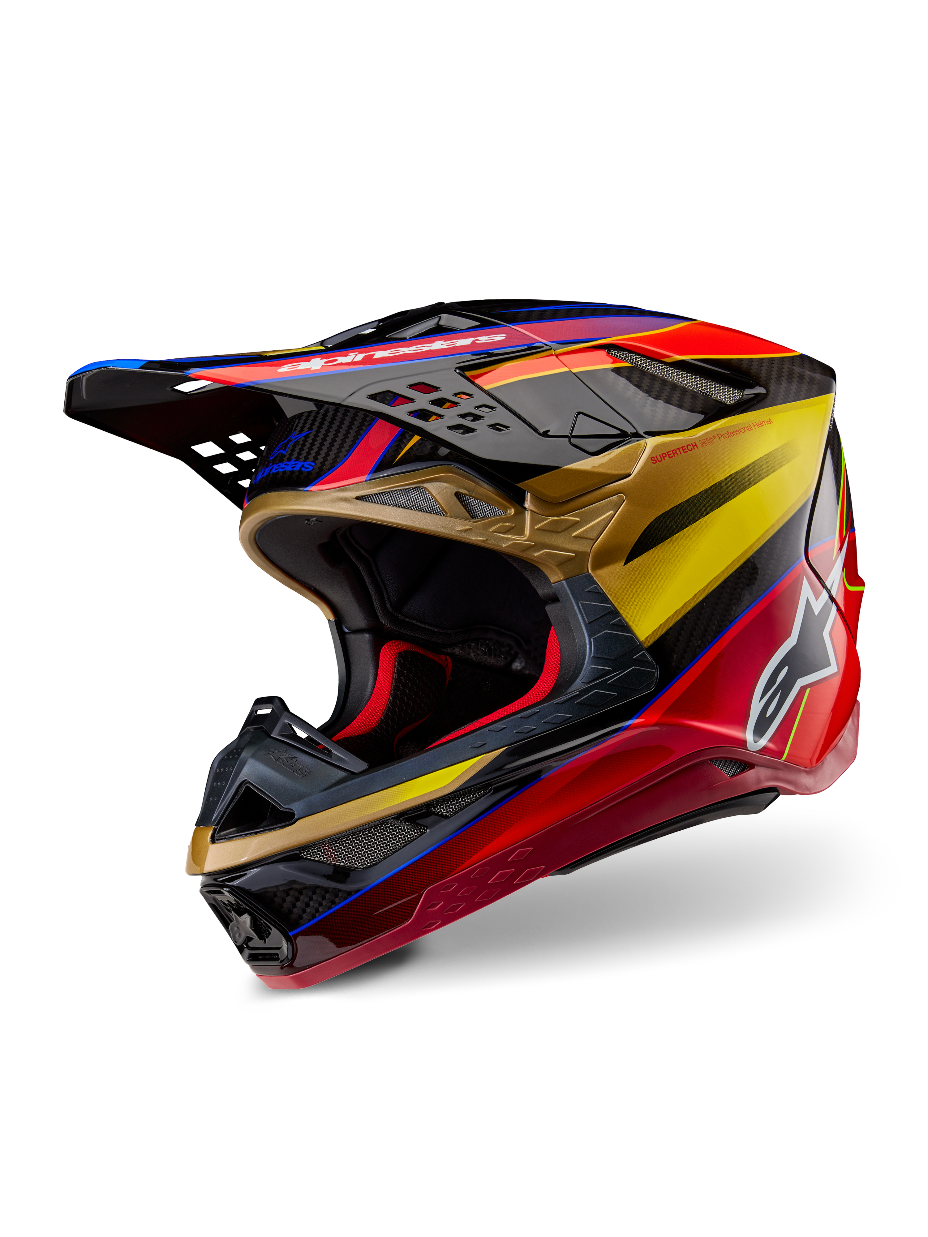 Alpinestars Supertech M10 Era helm, motorcrosshelm, goudgeel en Rio rood glanzend, slanke aerodynamische koolstofvezel schaal met levendige rode en gouden graphics, voorzien van meerdere inlaat- en uitlaatpoorten, wit Alpinestars-logo en een glanzende afwerking