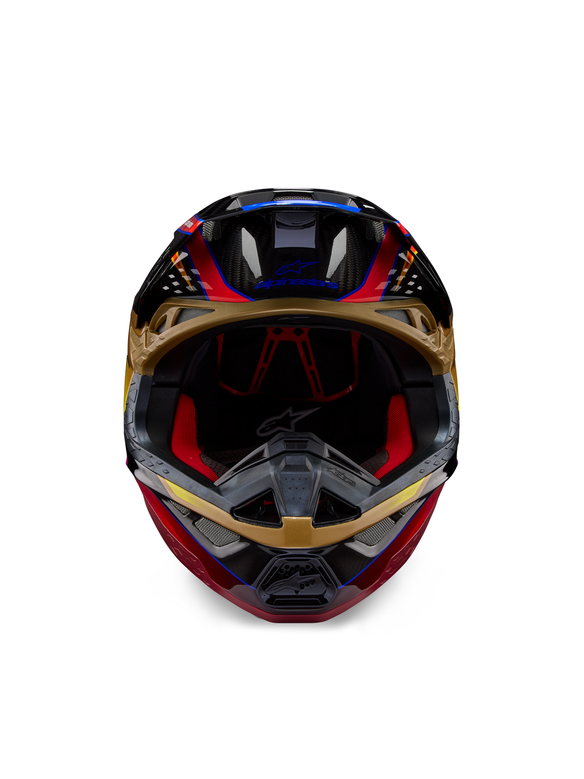 Alpinestars Supertech M10 Era helm, motorcrosshelm, goudgeel en Rio Red glanzend, vooraanzicht met details van de koolstofvezel schaal en rode binnenvoering, aerodynamisch ontwerp voor off-road racen