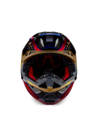 Alpinestars Supertech M10 Era helm, motorcrosshelm, goudgeel en Rio Red glanzend, vooraanzicht met details van de koolstofvezel schaal en rode binnenvoering, aerodynamisch ontwerp voor off-road racen
