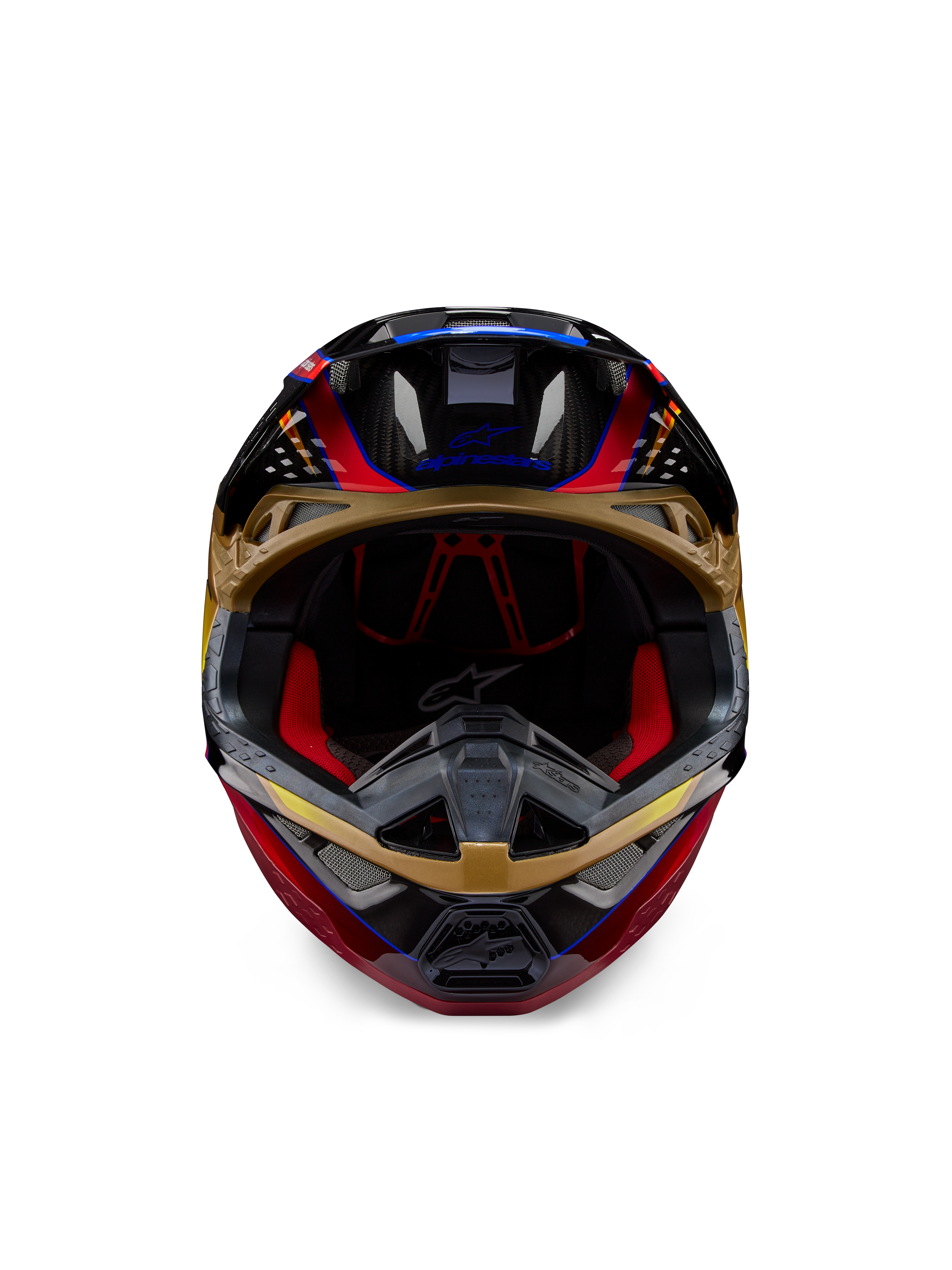 Alpinestars Supertech M10 Era helm, motorcrosshelm, goudgeel en Rio Red glanzend, vooraanzicht met details van de koolstofvezel schaal en rode binnenvoering, aerodynamisch ontwerp voor off-road racen