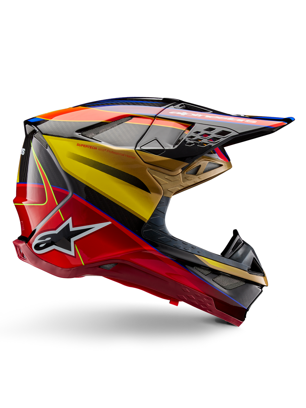 Alpinestars Supertech M10 Era helm, motorcross racinghelm, goudgeel en Rio rood glanzend met blauwe en zwarte accenten, aerodynamisch ontwerp met geïntegreerd vizier, meerdere met gaas bedekte ventilatieopeningen en carbon fiber details, ECE 22.06 gecertificeerd