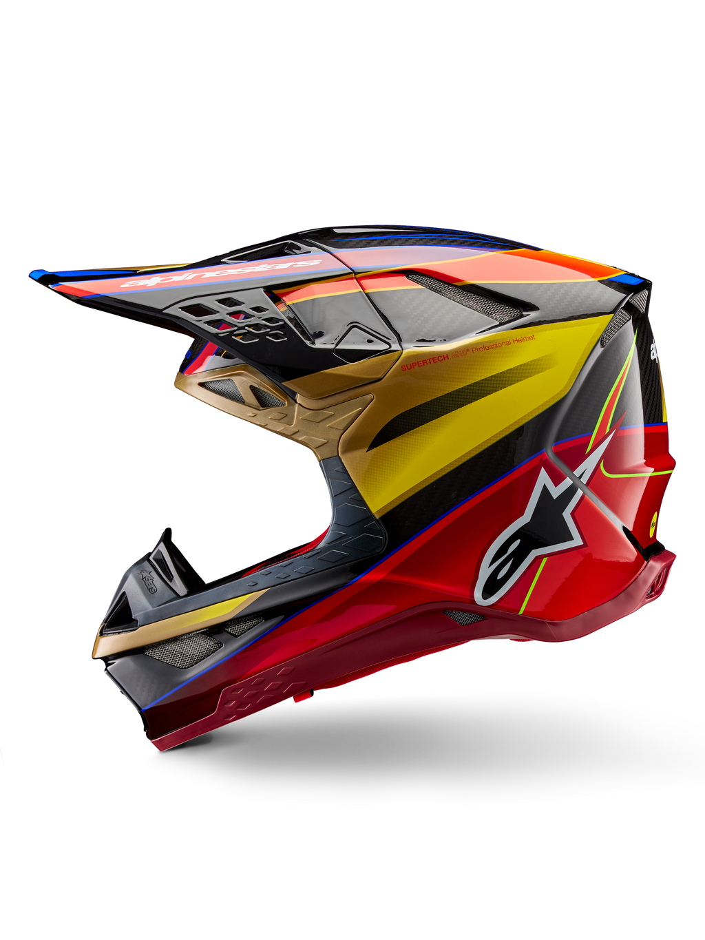 Alpinestars Supertech M10 Era helm, motorcrosshelm, Gold Yellow Rio Red Glossy, zijprofiel met carbon fiber textuur en opvallende graphics, Alpinestars-sterlogo, aerodynamische vorm met meerdere ventilatieopeningen, professionele off-road racebescherming