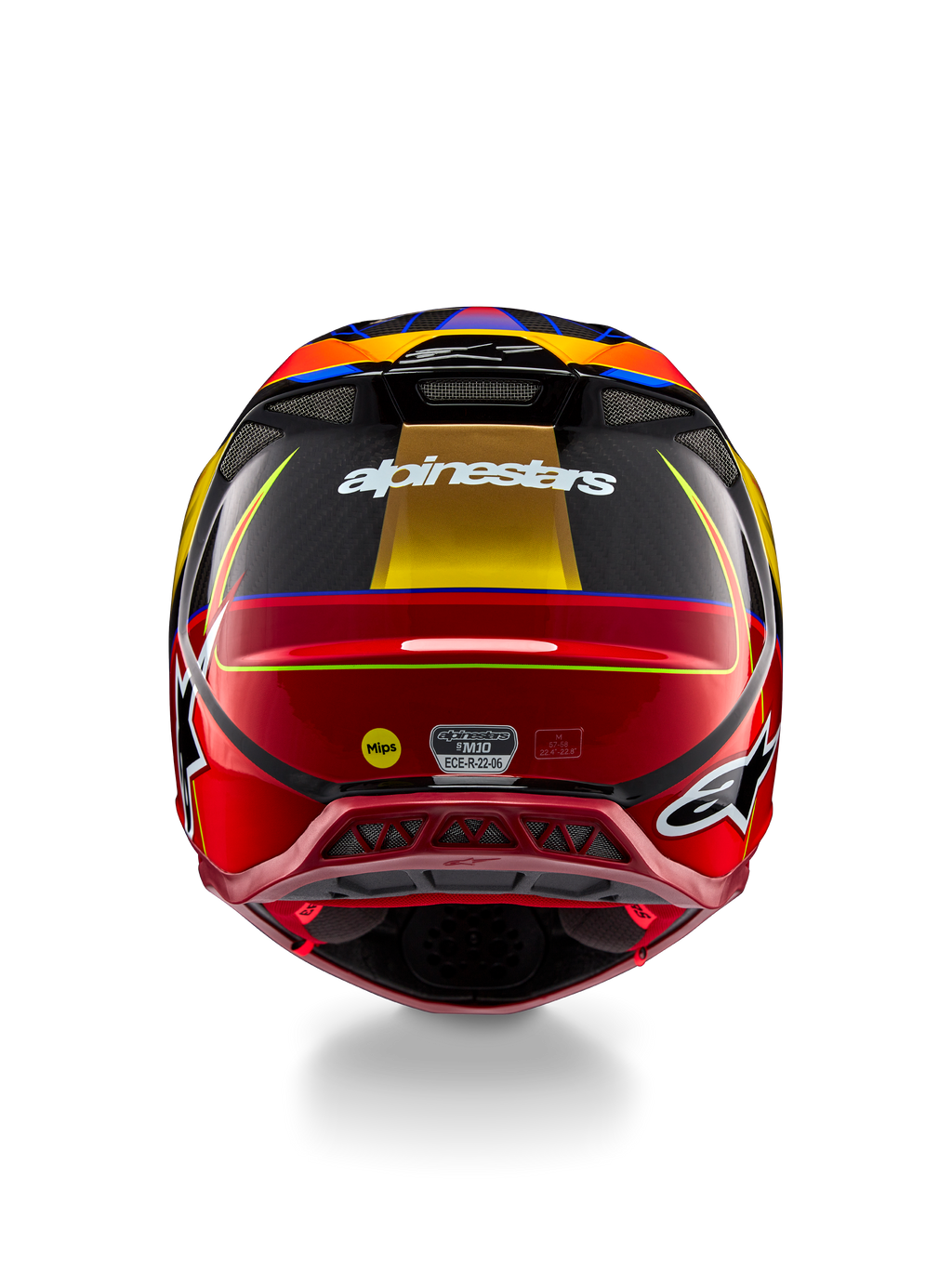 Alpinestars Supertech M10 Era helm, motorcrosshelm, glanzend goudgeel en Rio-rood, achteraanzicht met wit Alpinestars-logo, MIPS-logo en aerodynamische ventilatieopeningen, multi-composiet koolstofvezelconstructie met blauwe accenten