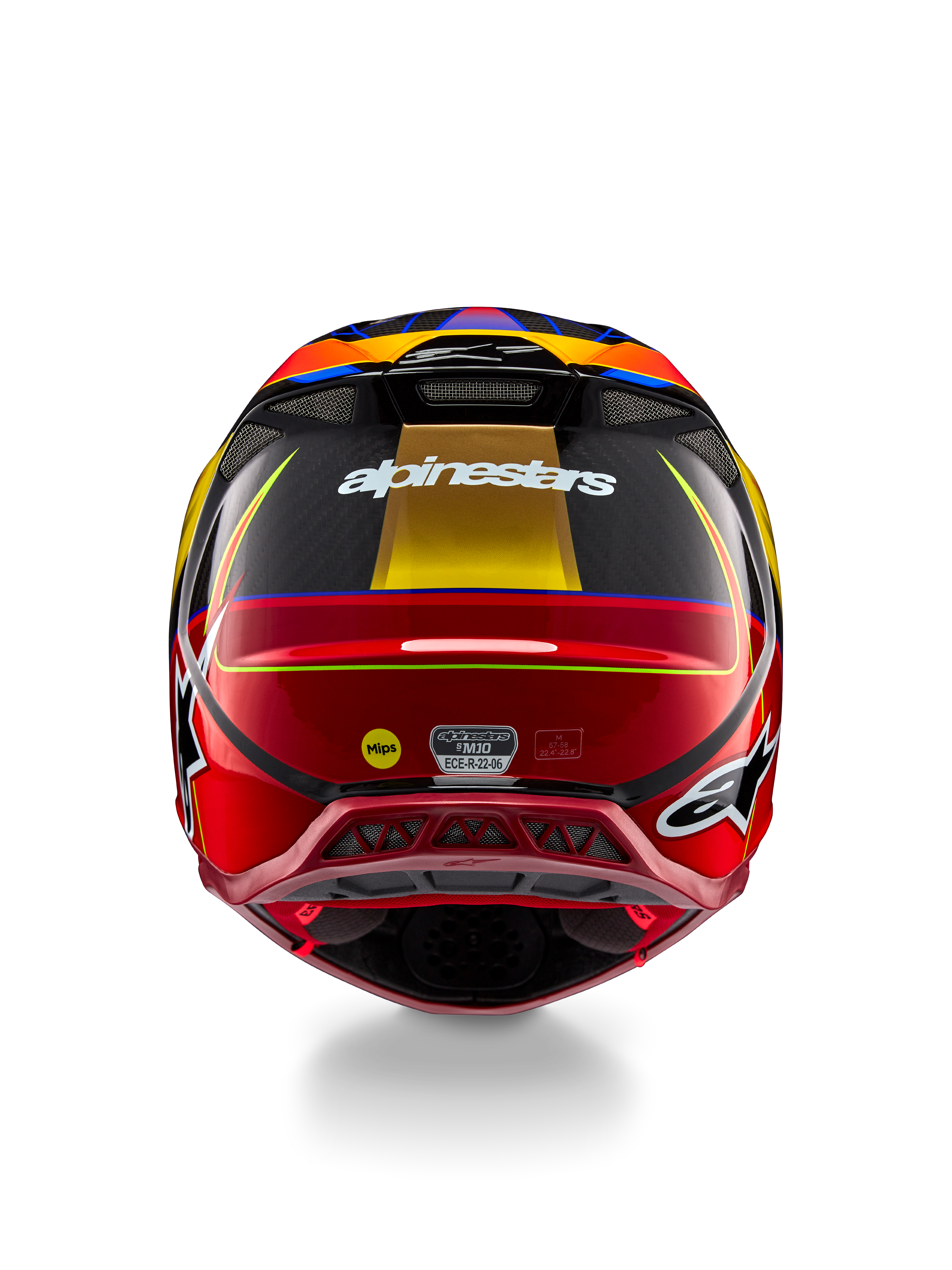 Alpinestars Supertech M10 Era helm, motorcrosshelm, glanzend goudgeel en Rio-rood, achteraanzicht met wit Alpinestars-logo, MIPS-logo en aerodynamische ventilatieopeningen, multi-composiet koolstofvezelconstructie met blauwe accenten