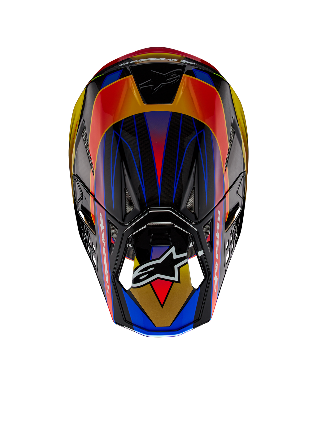 Alpinestars Supertech M10 Era ECE Helm, motorcrosshelm, Gold Yellow Rio Red Glossy, bovenaanzicht met levendige geometrische patronen in blauw en geel, glanzende afwerking met zichtbare carbonstructuur, voorzien van het Alpinestars-logo op het vizier