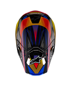 Alpinestars Supertech M10 Era ECE Helm, motorcrosshelm, Gold Yellow Rio Red Glossy, bovenaanzicht met levendige geometrische patronen in blauw en geel, glanzende afwerking met zichtbare carbonstructuur, voorzien van het Alpinestars-logo op het vizier