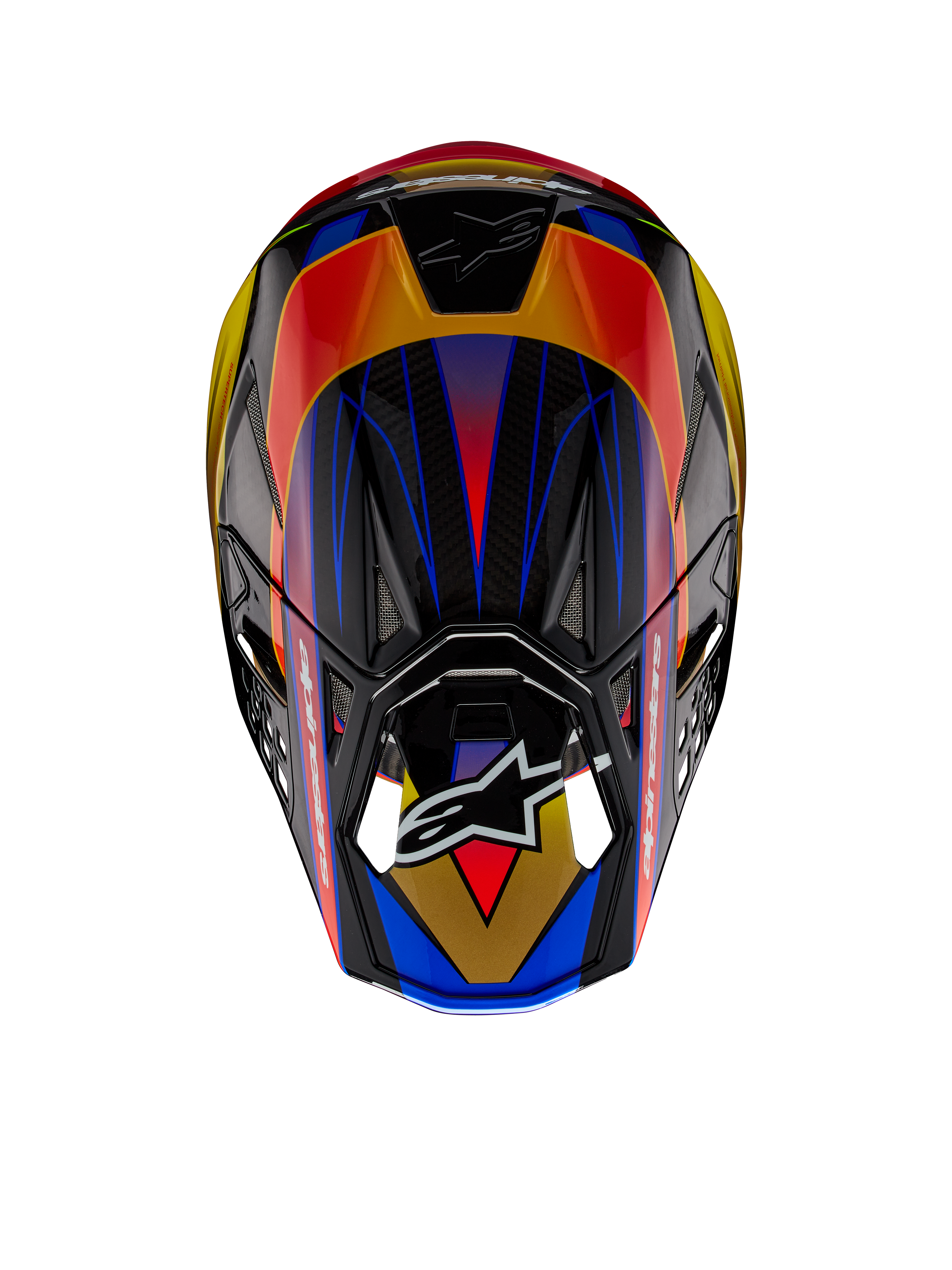 Alpinestars Supertech M10 Era ECE Helm, motorcrosshelm, Gold Yellow Rio Red Glossy, bovenaanzicht met levendige geometrische patronen in blauw en geel, glanzende afwerking met zichtbare carbonstructuur, voorzien van het Alpinestars-logo op het vizier