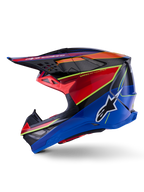 Alpinestars Supertech M10 Era Helmet, Motocross Helmet, Blue Red and Yellow Fluo Glossy, side profile view featuring an aerodynamic carbon fiber shell, bold Alpinestars logo on the side, and multiple ventilation ports, professional off-road racing gear