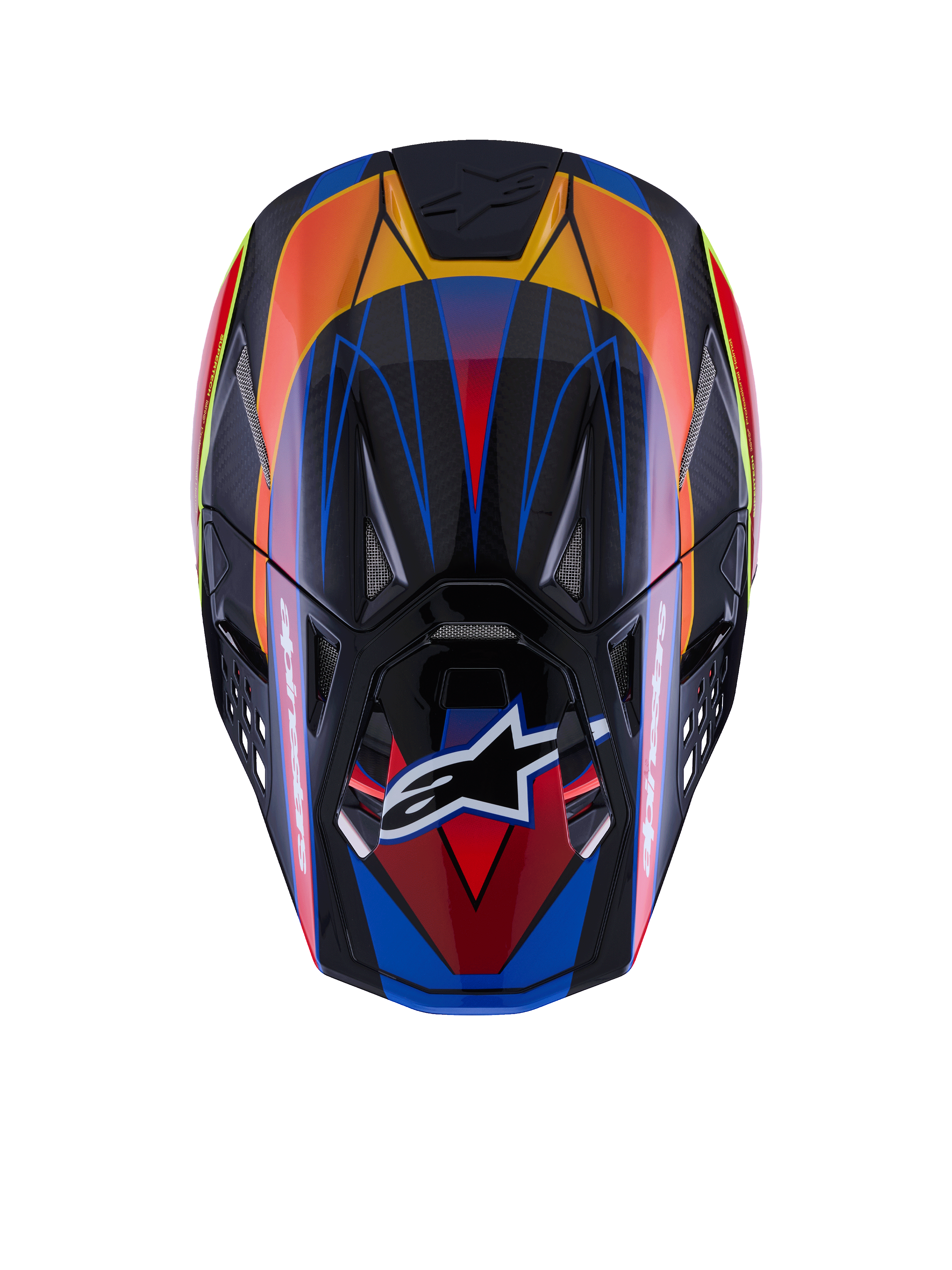 Alpinestars Supertech M10 Era Helmet, Top view, Blue Red and Yellow Fluo Glossy finish, featuring a carbon fiber shell, multiple intake vents with mesh, Alpinestars logo on the visor, advanced motocross protective gear