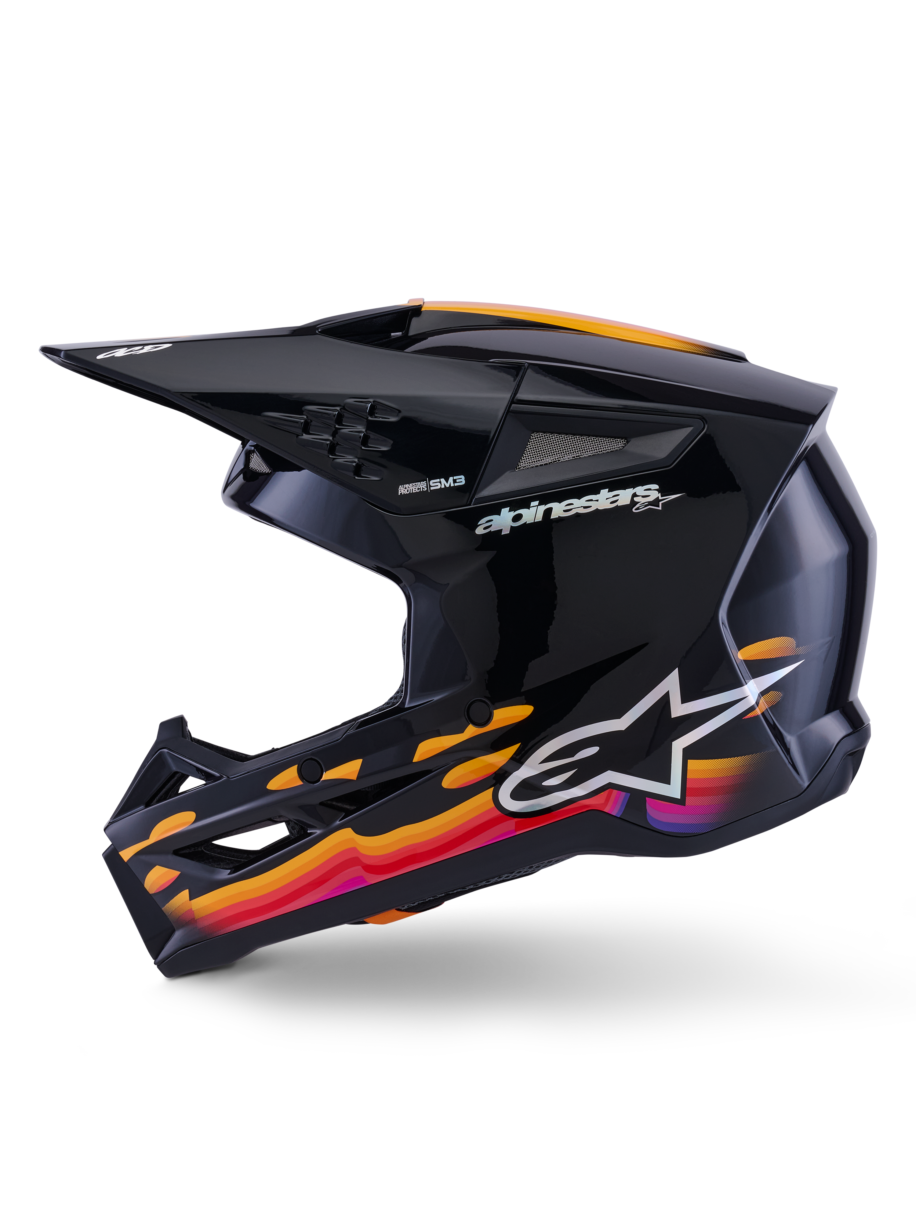 Alpinestars S-M3 Force OCD Helmet, Motocross Helmet, Black Glossy with vibrant orange, red, and purple wavy graphics, side view showing visor and ventilation ports, Alpinestars logo and branding, high-performance off-road racing gear