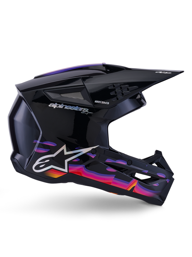 Alpinestars S-M3 Force OCD Helmet, Motocross Helmet, Black Glossy with vibrant purple, pink, and orange graphic patterns, side profile view, featuring silver Alpinestars logo and SM3 branding, designed for off-road performance
