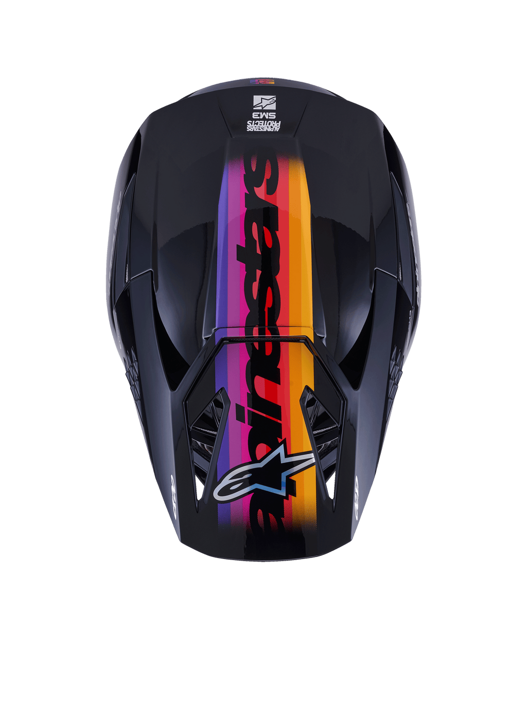 Alpinestars S-M3 Force OCD Helmet, Motocross Helmet, Top-down view, Glossy Black with a vibrant purple, pink, red, orange, and yellow gradient stripe, featuring bold Alpinestars branding and logo, designed for off-road performance